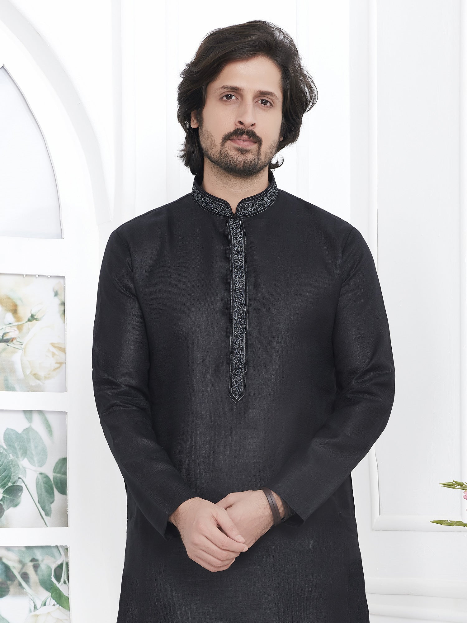 Black Party Wear Readymade Kurta Pyjama In Cotton