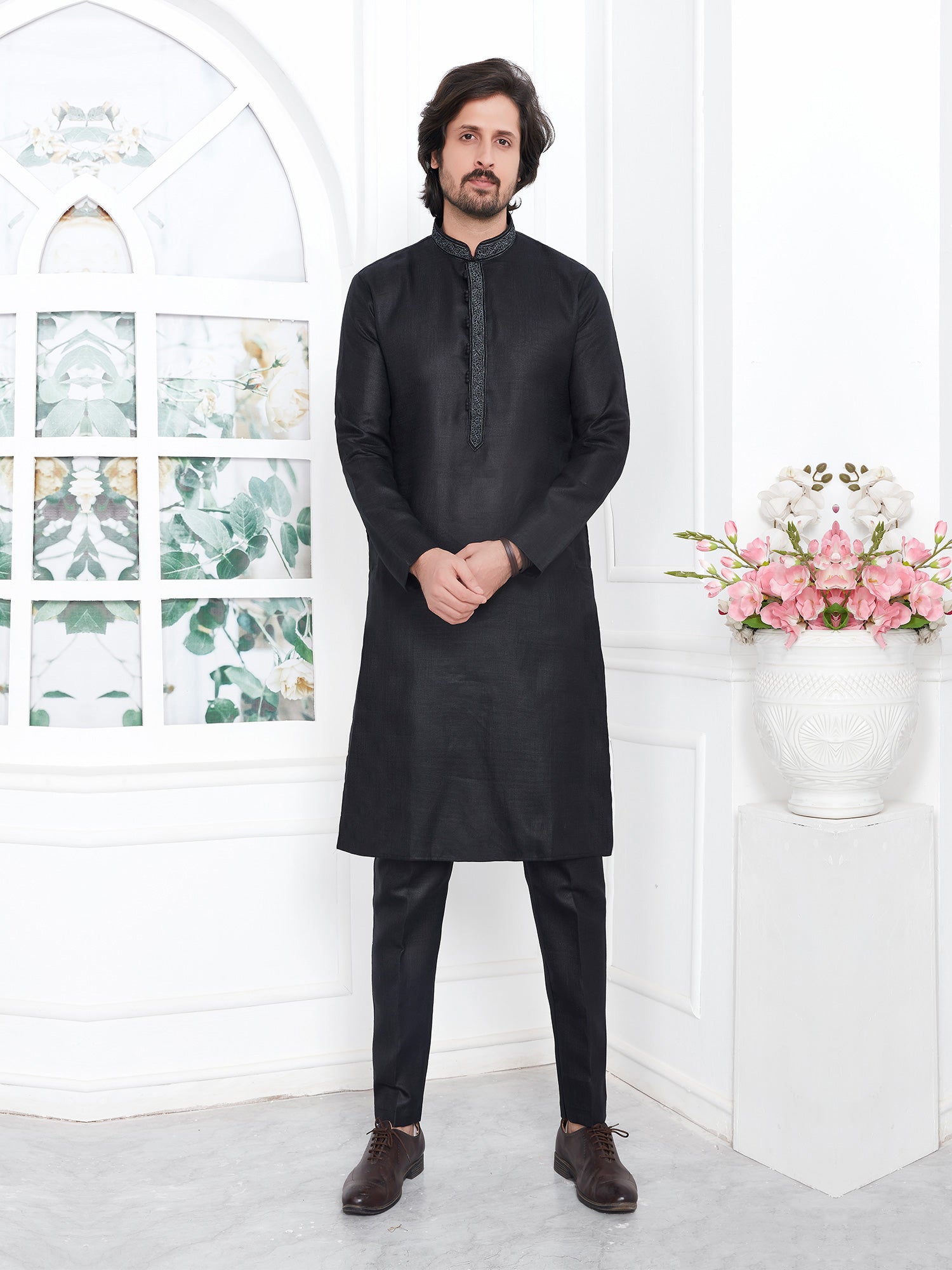 Black Party Wear Readymade Kurta Pyjama In Cotton