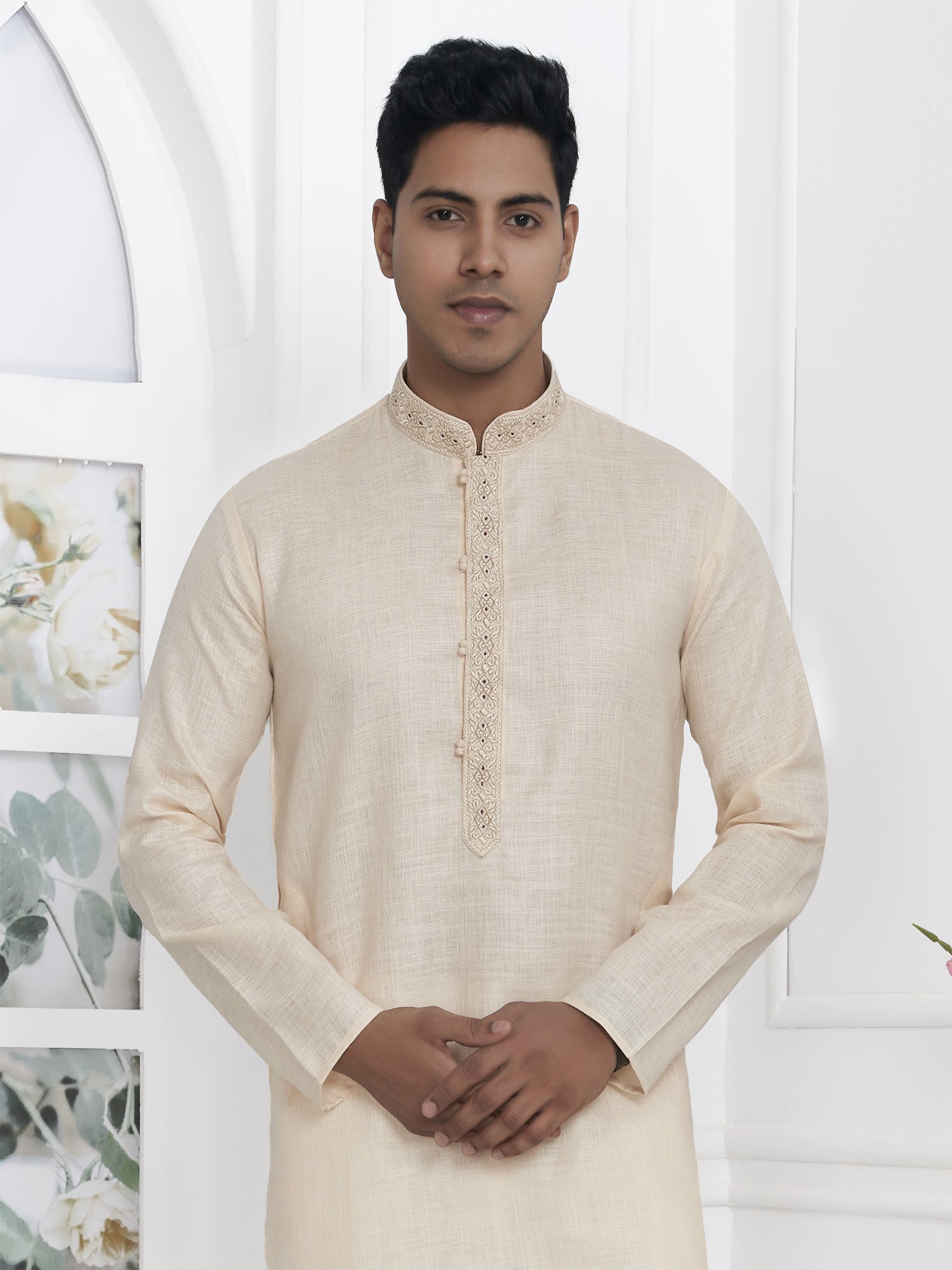 Cream Formal Kurta Pyjama In Cotton For Mens