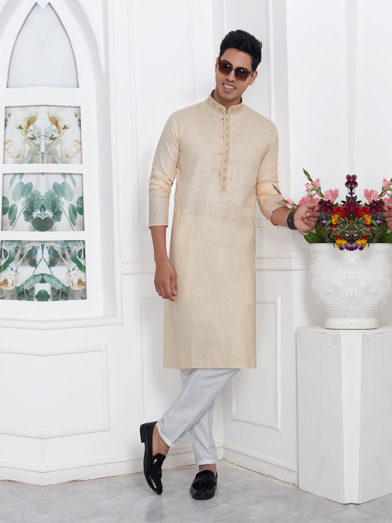 Cream Formal Kurta Pyjama In Cotton For Mens