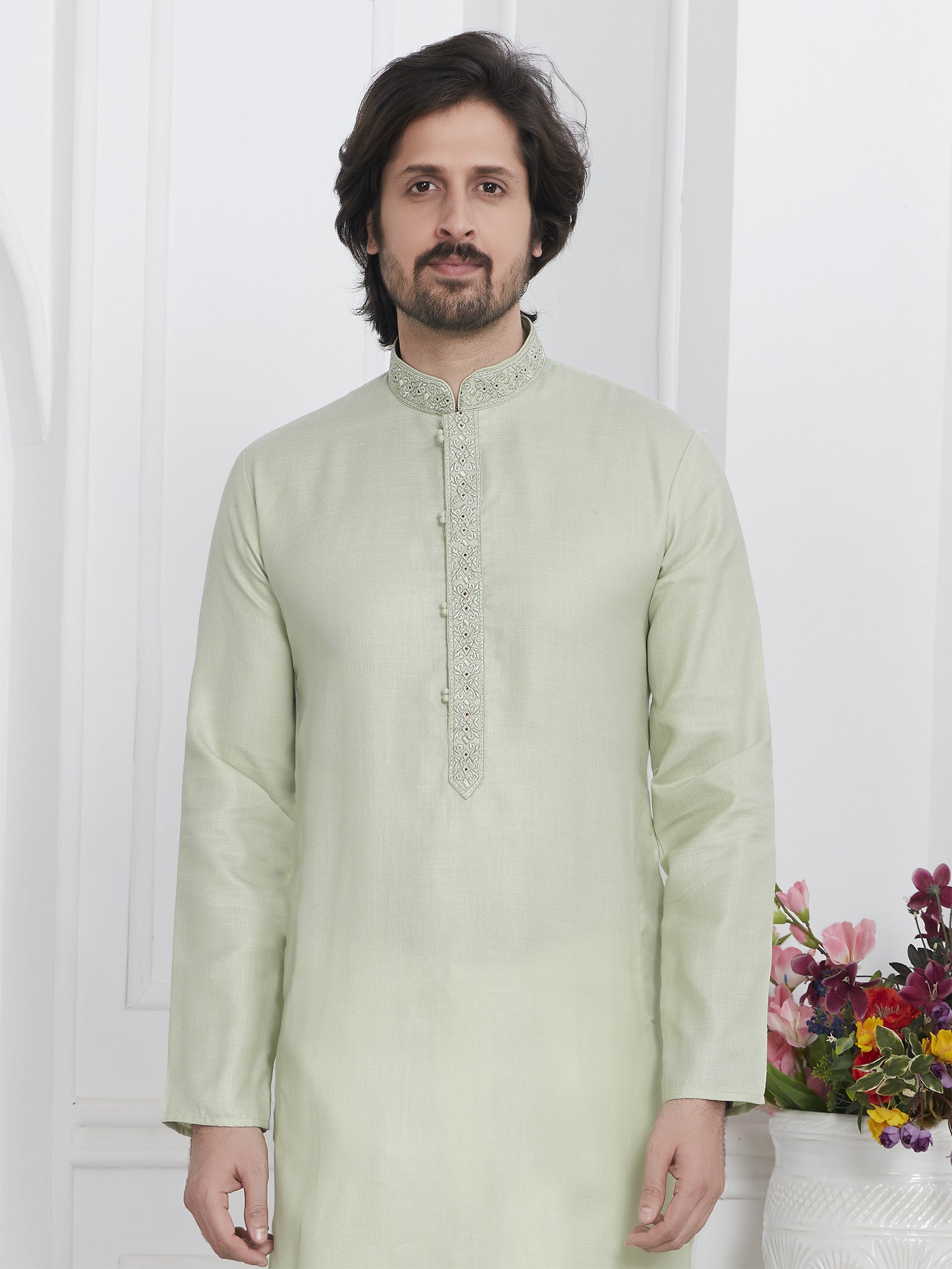 Sage Green Kurta Pyjama Readymade For Mens