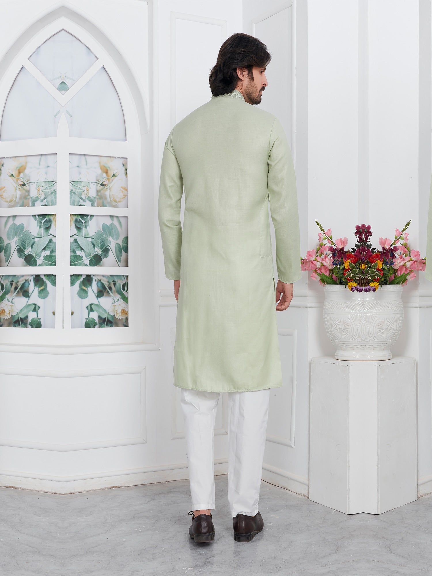 Sage Green Kurta Pyjama Readymade For Mens