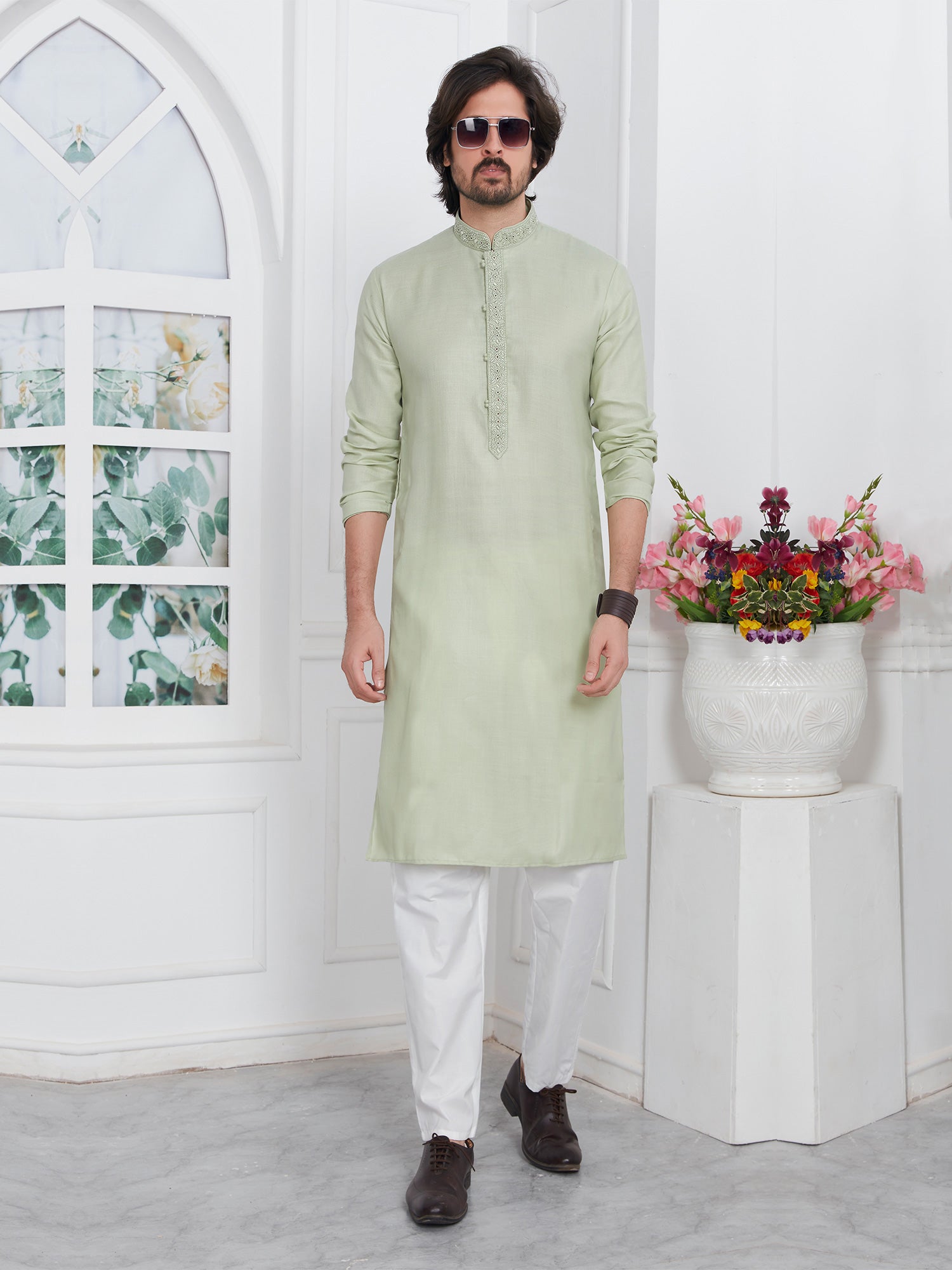 Sage Green Kurta Pyjama Readymade For Mens