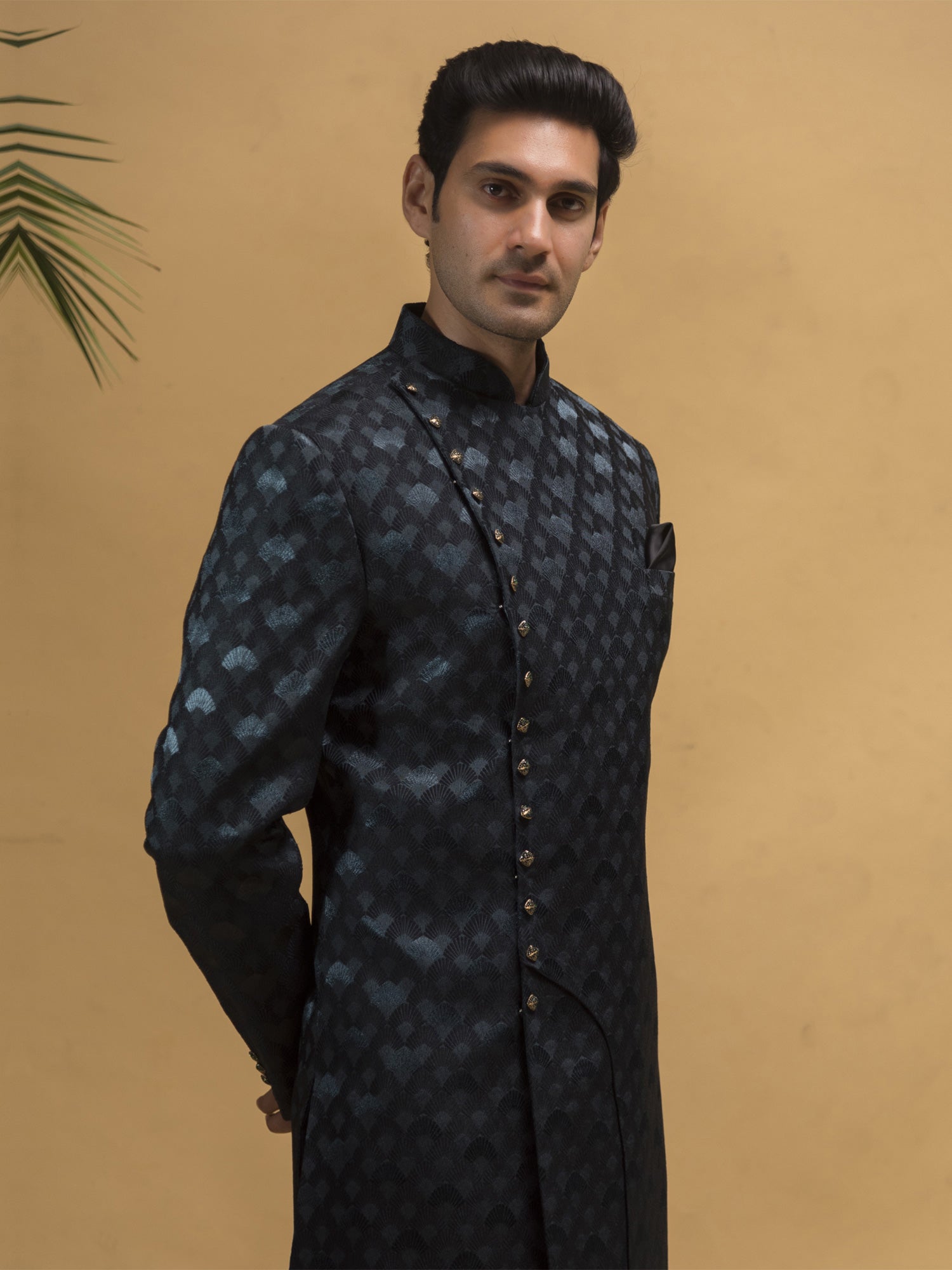Black Asymmetric Styled Mens Self Woven Indowestern