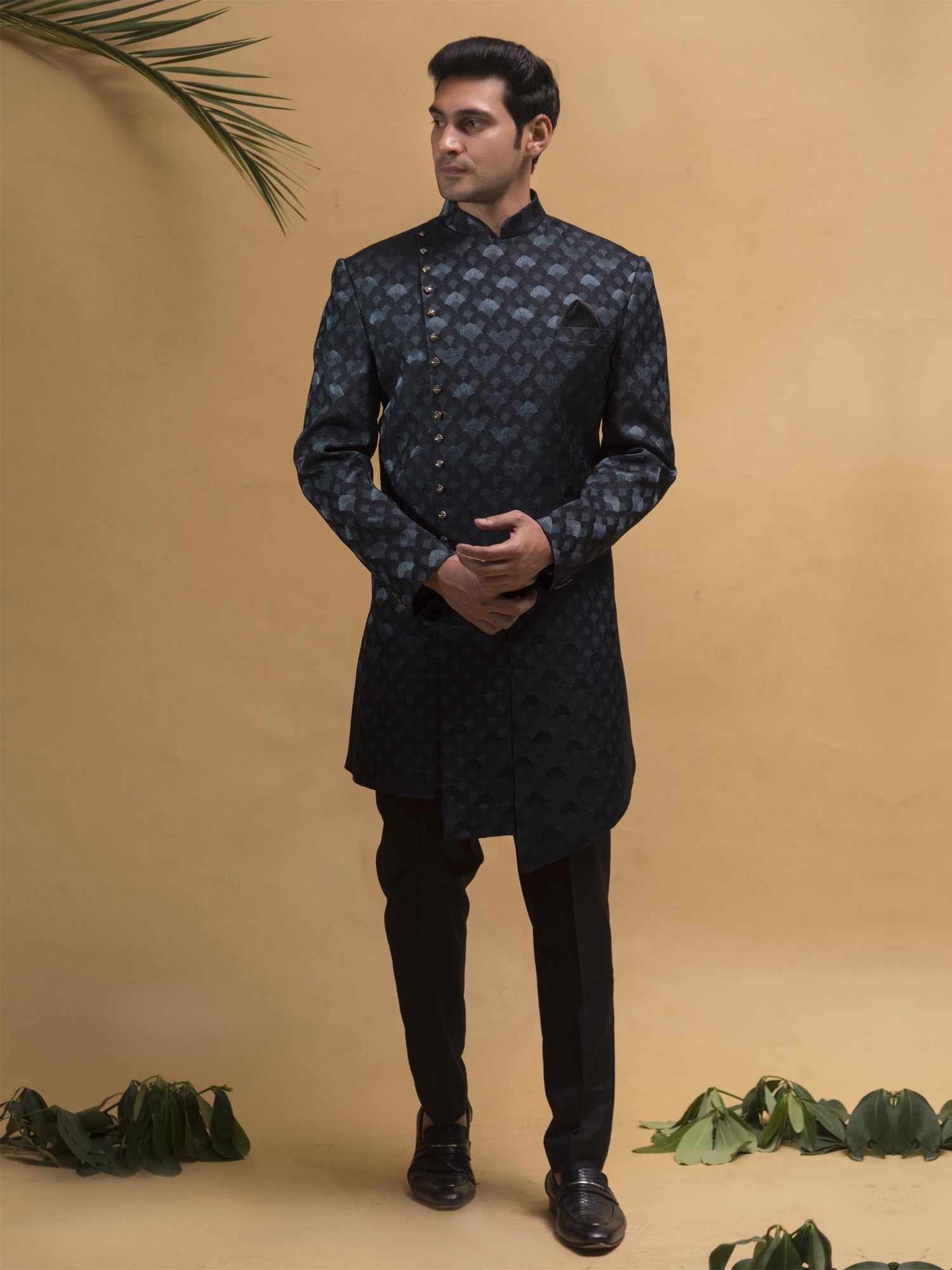 Black Asymmetric Styled Mens Self Woven Indowestern