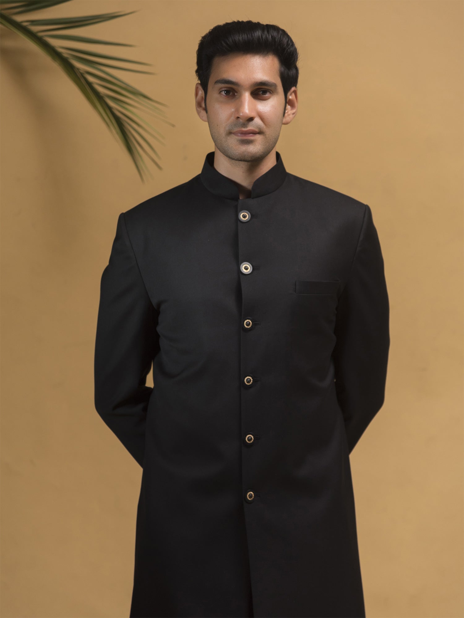 Black Traditional Plain Mens Indowestern Set In Silk