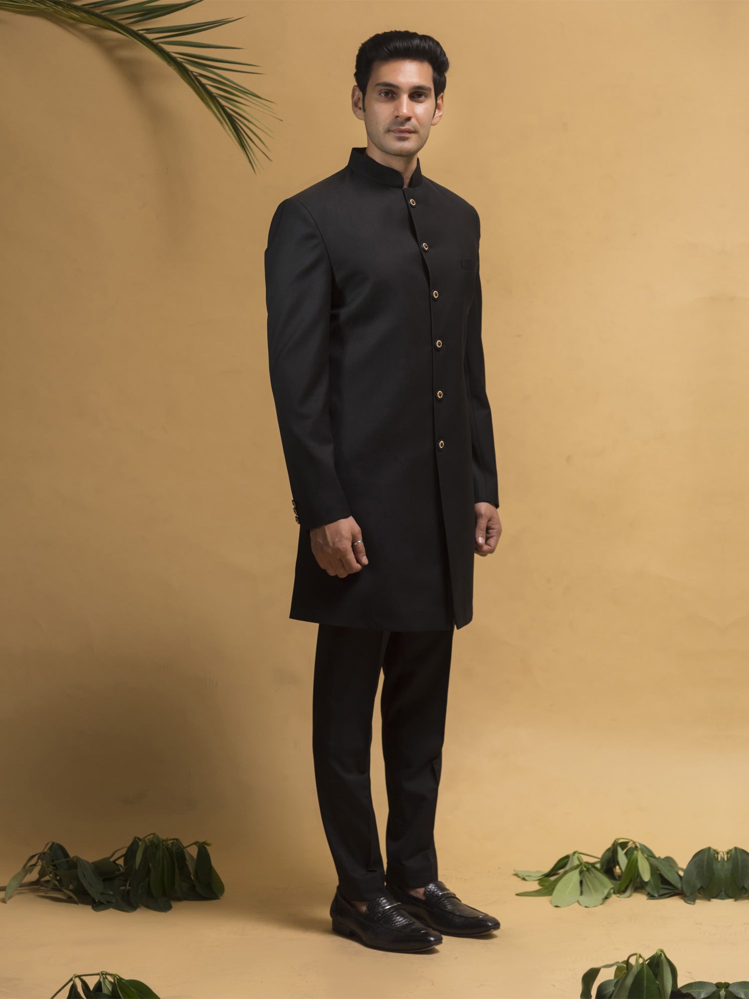 Black Traditional Plain Mens Indowestern Set In Silk