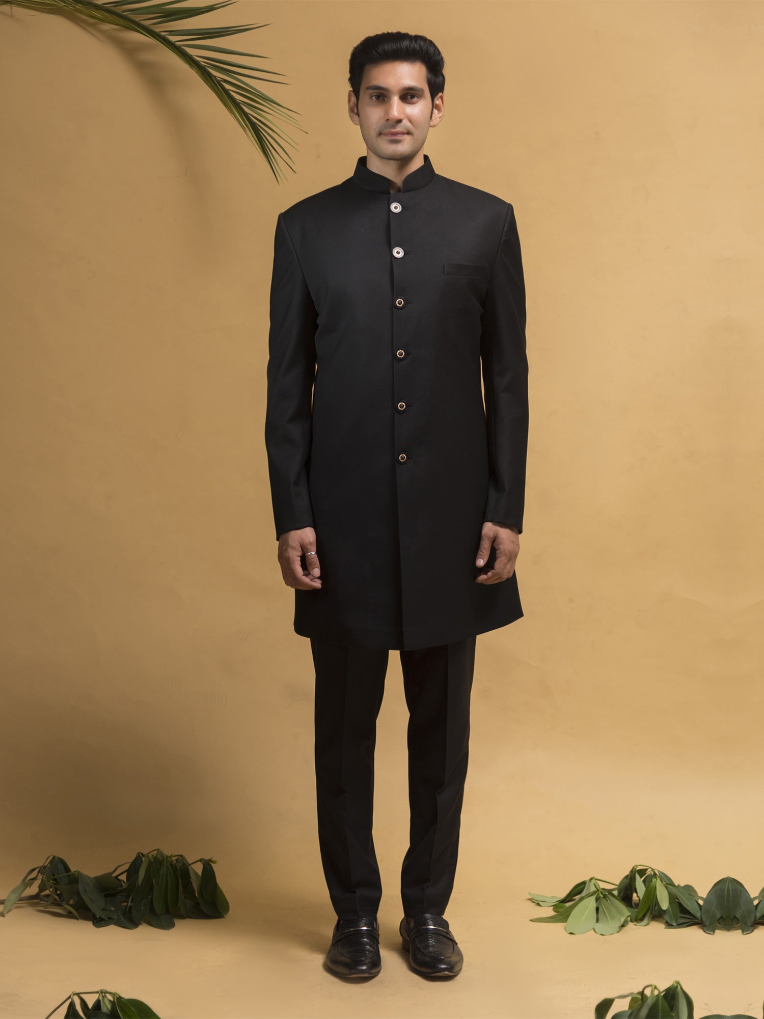 Black Traditional Plain Mens Indowestern Set In Silk