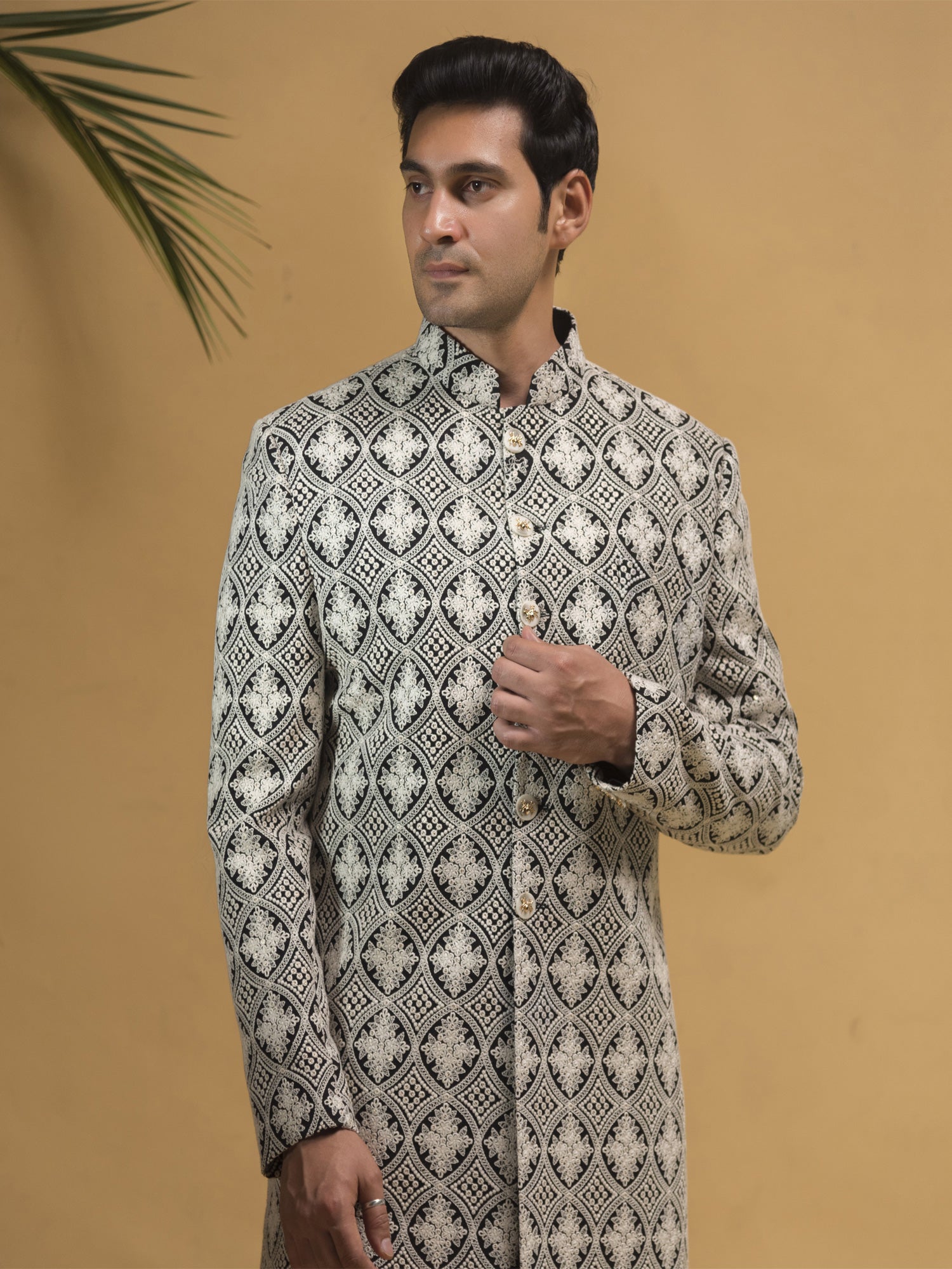 White Thread Embroidered Mens Indowestern Set