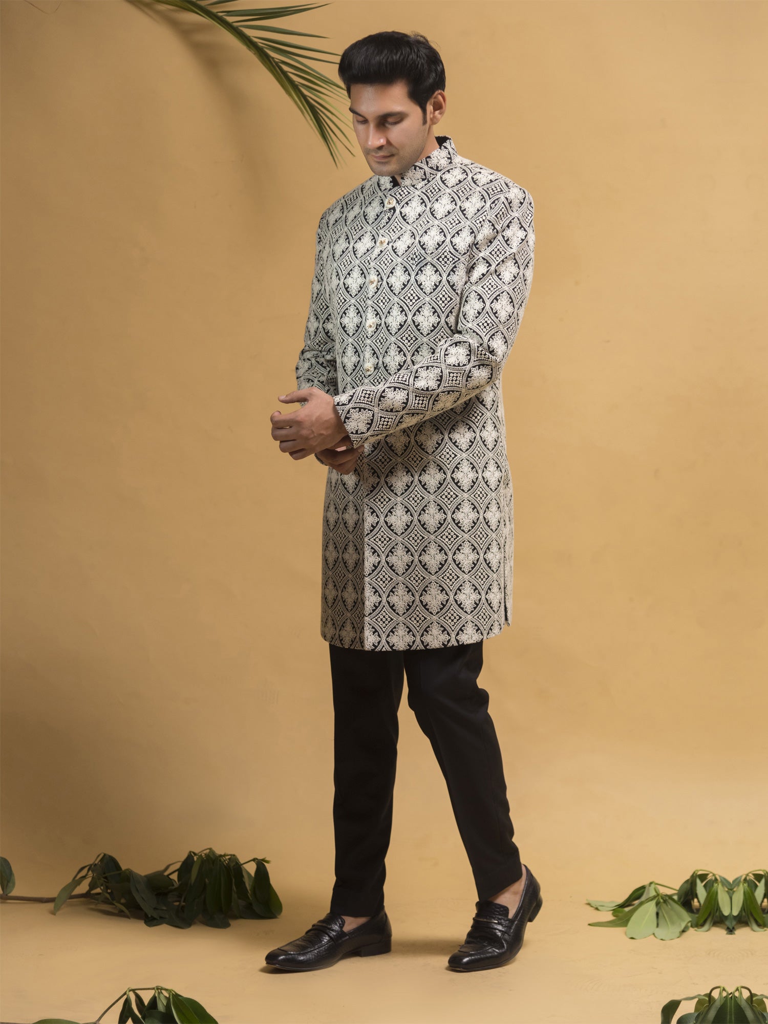 White Thread Embroidered Mens Indowestern Set