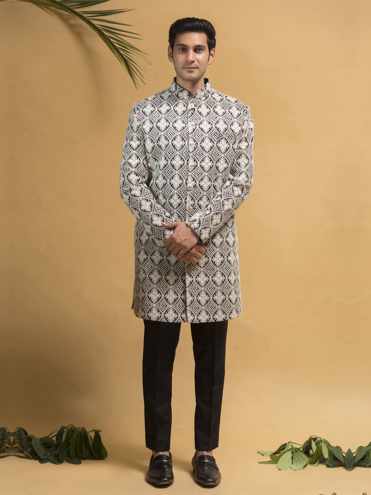 White Thread Embroidered Mens Indowestern Set