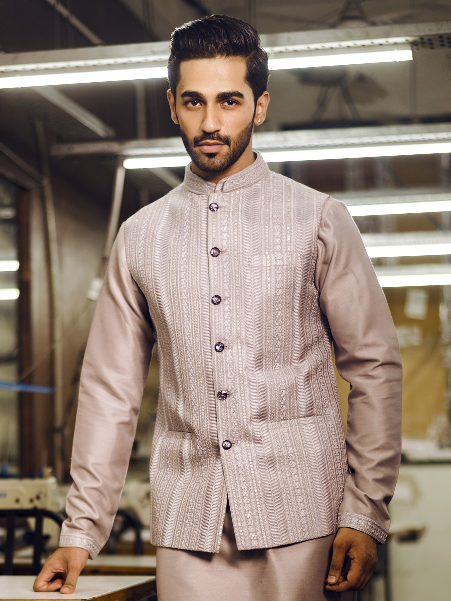Mauve Self Embroiderd Jacketed Style Mens Indowestern