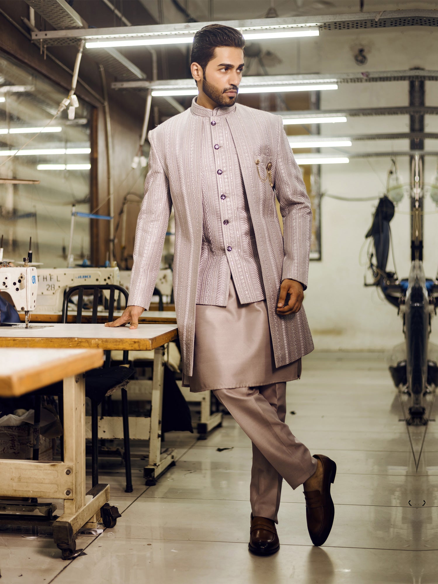Mauve Self Embroiderd Jacketed Style Mens Indowestern