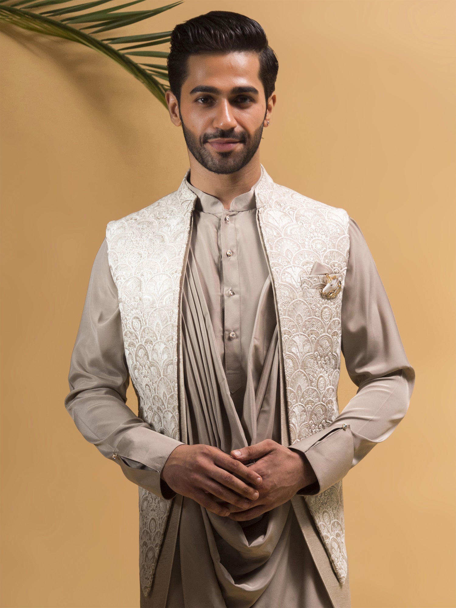 Beige Cowl Kurta With Embrodiered Jacket