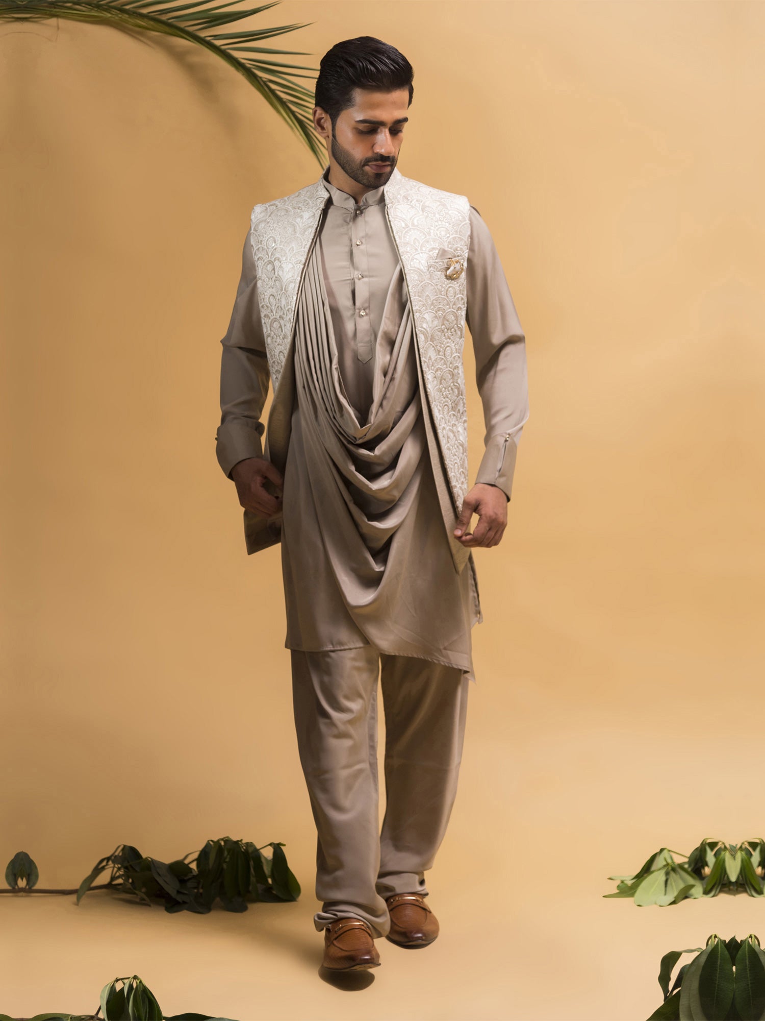 Beige Cowl Kurta With Embrodiered Jacket