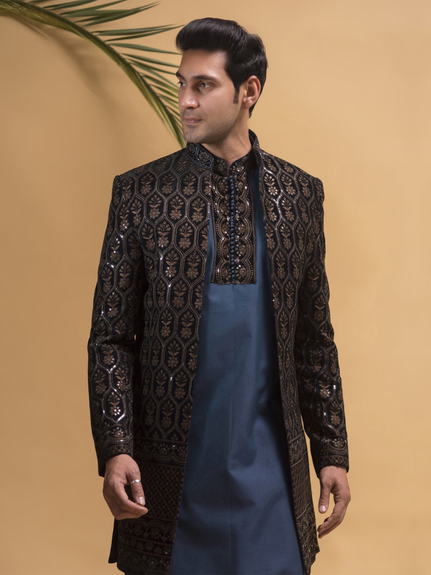 Navy Blue Sequined Indowestern Set In Jackted Style