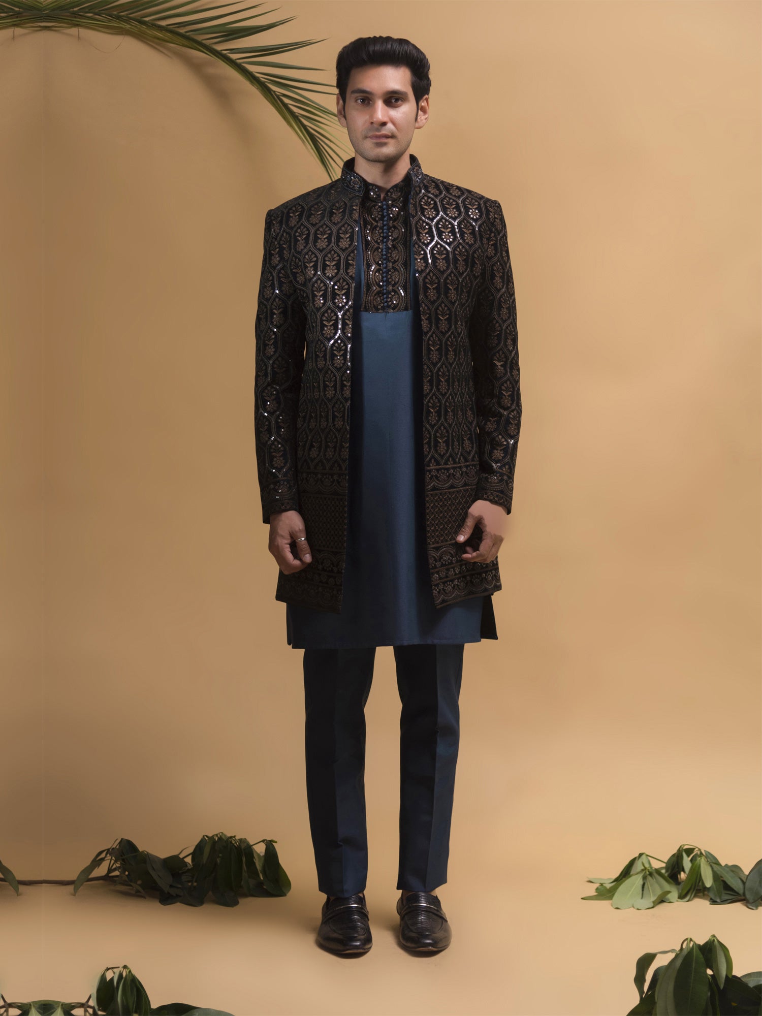 Navy Blue Sequined Indowestern Set In Jackted Style