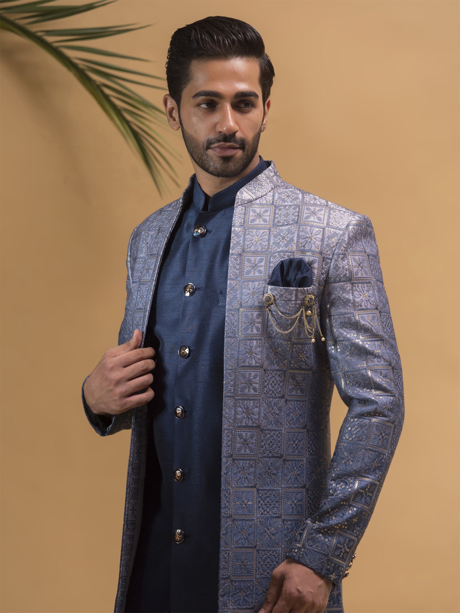 Navy Blue Embroidered Indowestern With Shaded Jacket