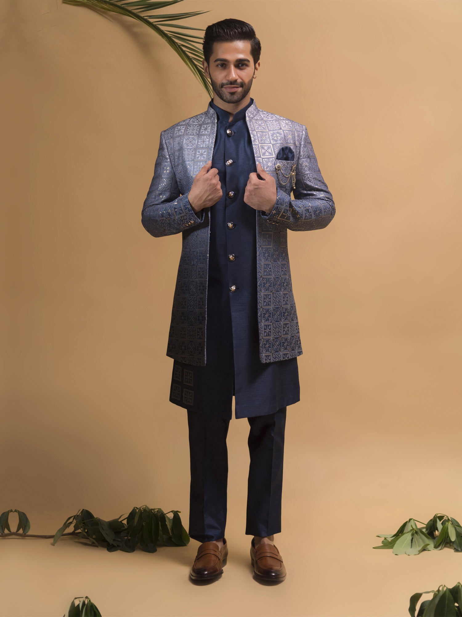 Navy Blue Embroidered Indowestern With Shaded Jacket