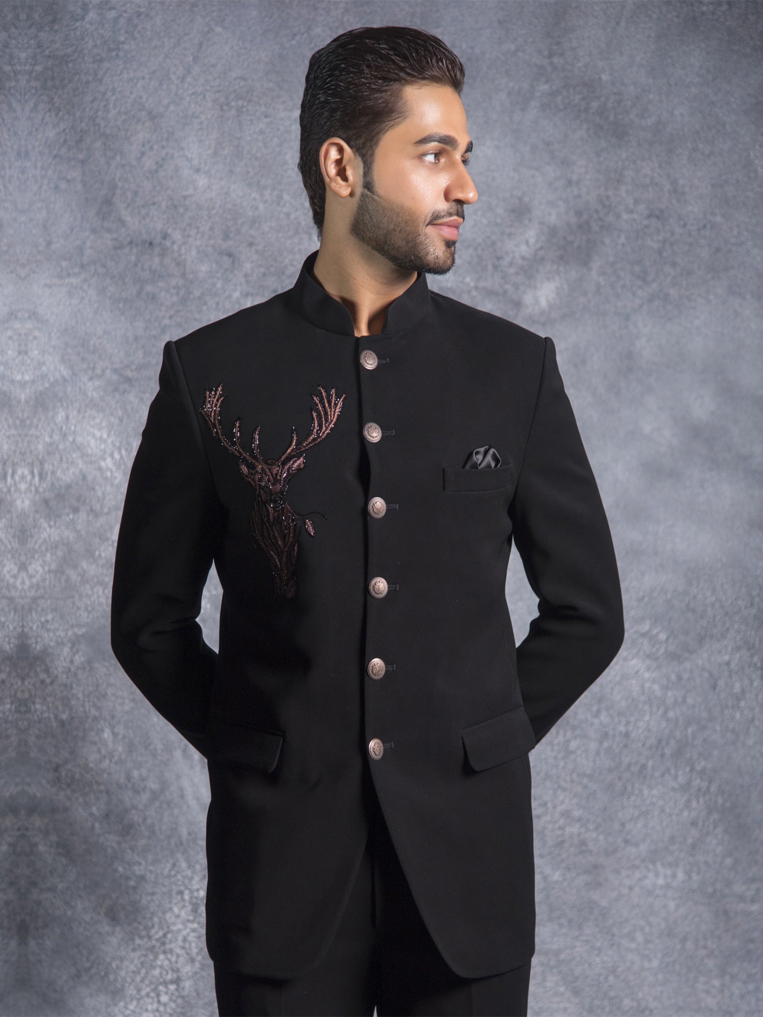 Black Mens Plain Jodhpuri Set With Mandarin Collar