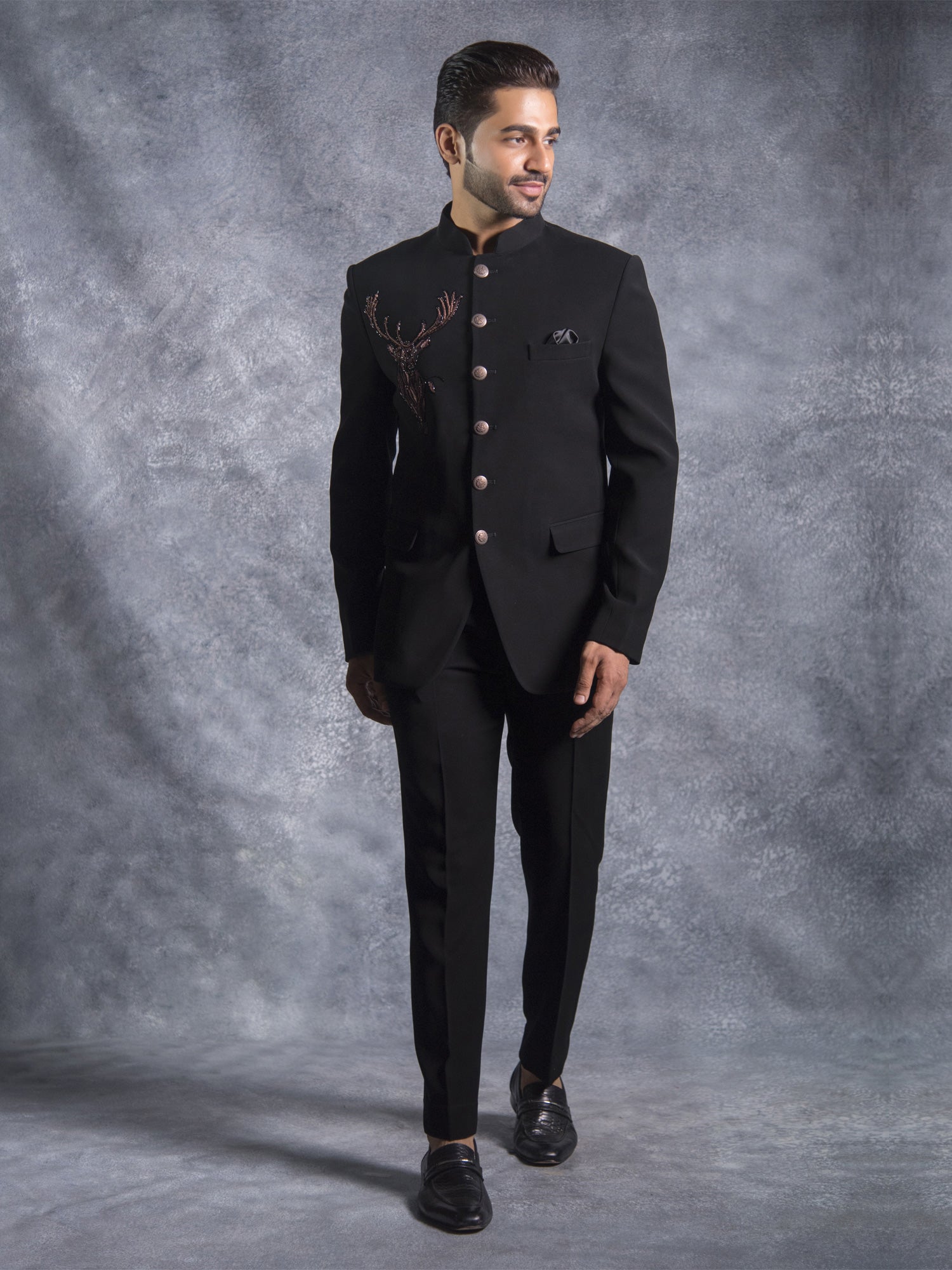 Black Mens Plain Jodhpuri Set With Mandarin Collar