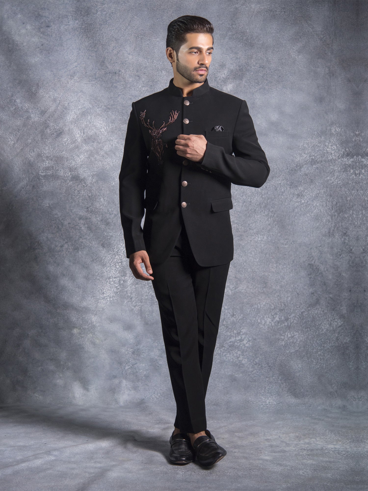 Black Mens Plain Jodhpuri Set With Mandarin Collar