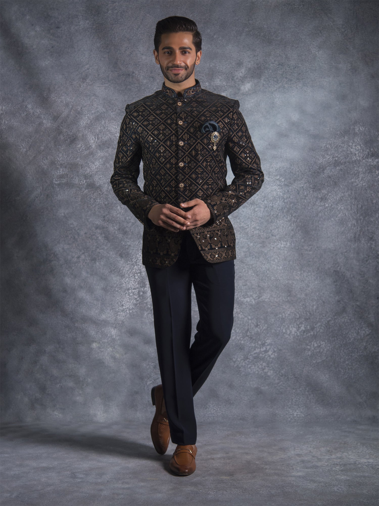 Black Embroidered Mens Jodhpuri Suit In Silk