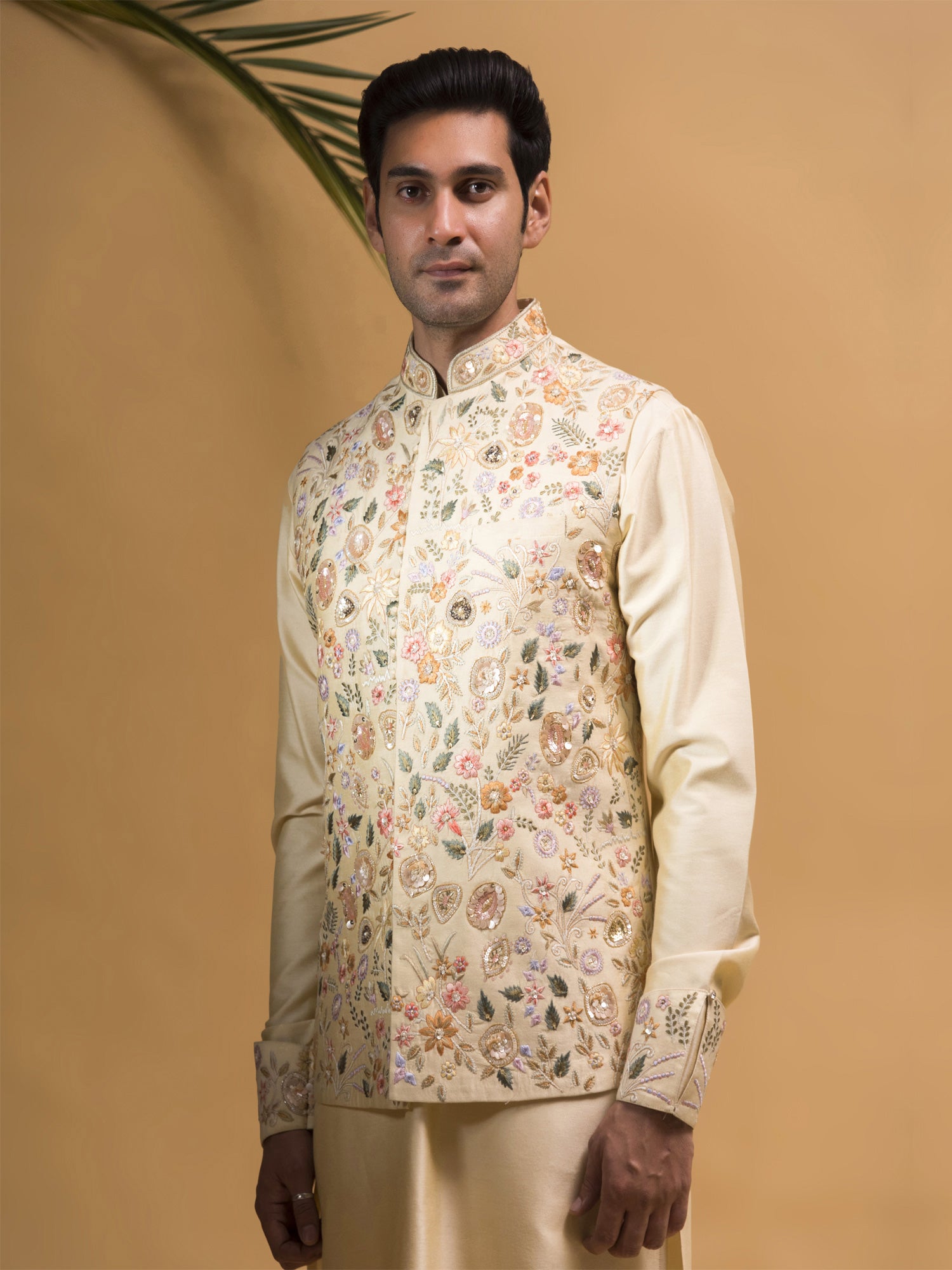 Pastel Cream Kurta Pyjama With Embroidered Jacket