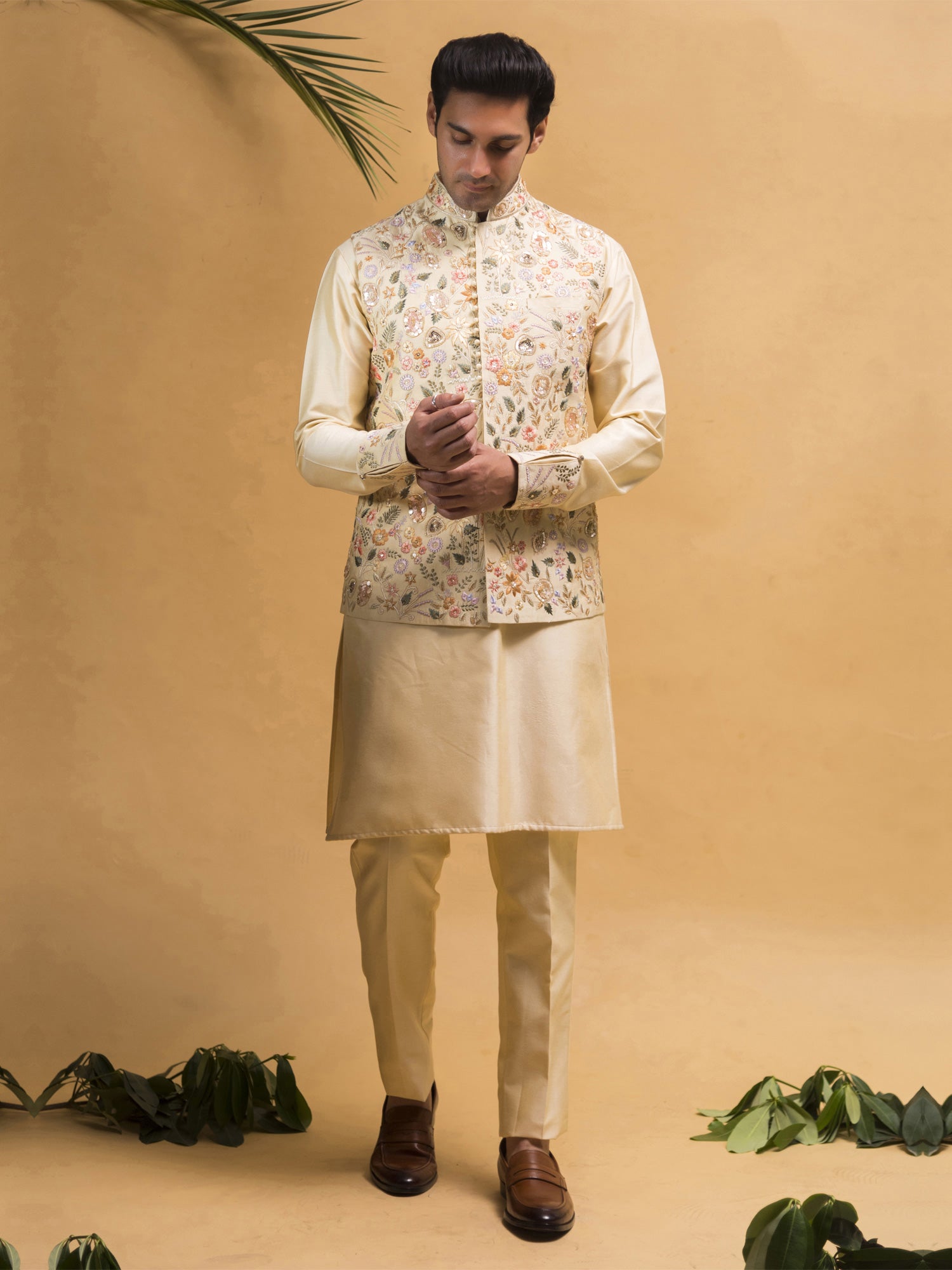 Pastel Cream Kurta Pyjama With Embroidered Jacket