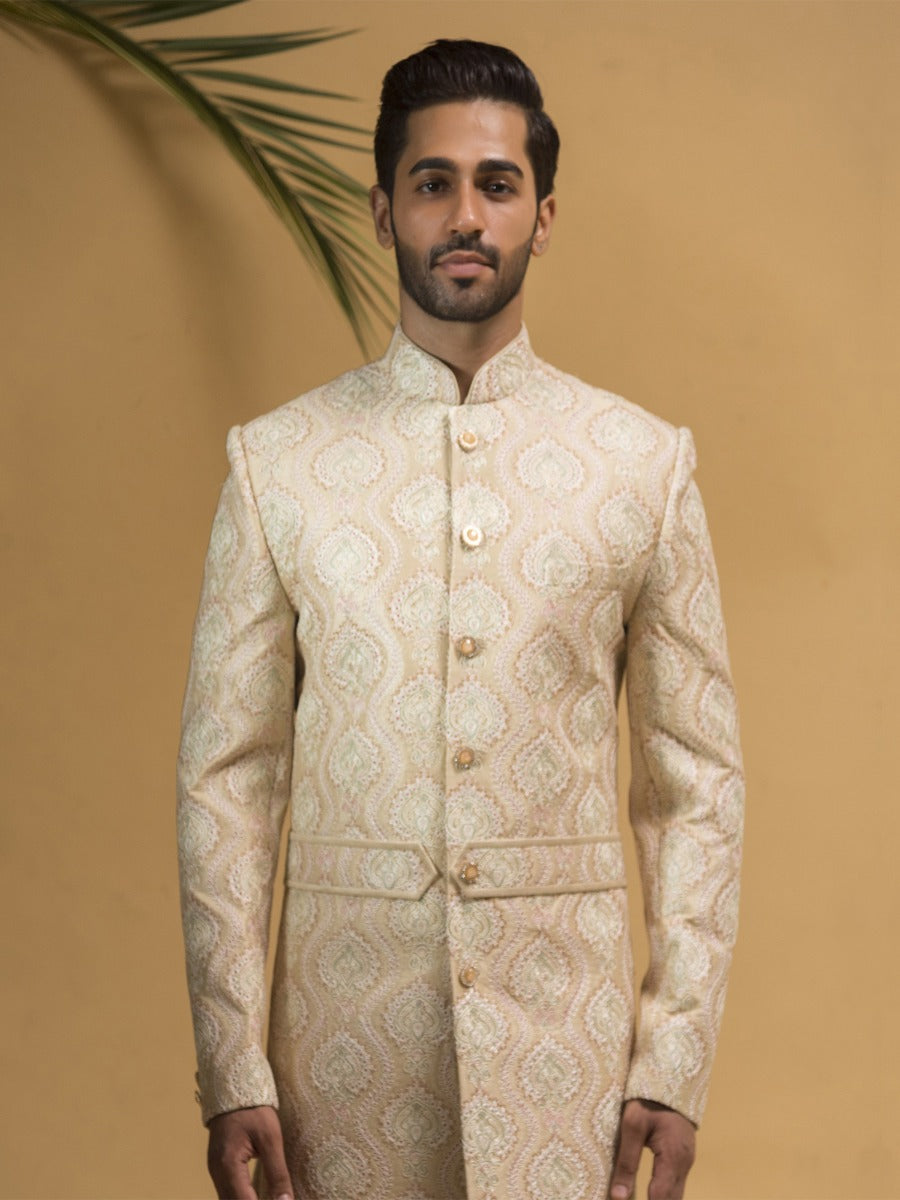 Beige Mens Block Embroidered Readymade Sherwani
