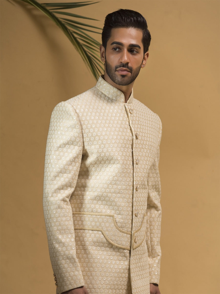 Cream Thread Embroidered Sherwani For Mens