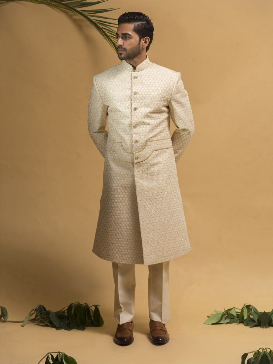 Cream Thread Embroidered Sherwani For Mens