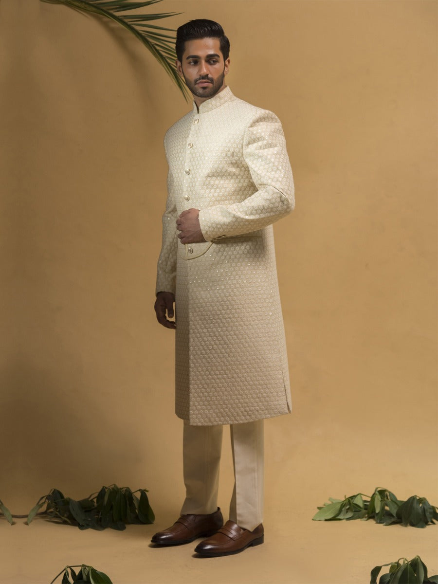 Cream Thread Embroidered Sherwani For Mens