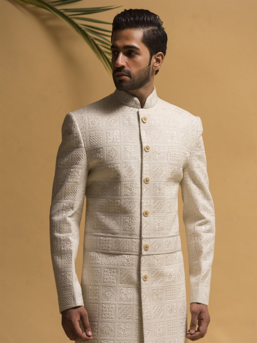 White Mens Readymade Sherwani In Sequins Work
