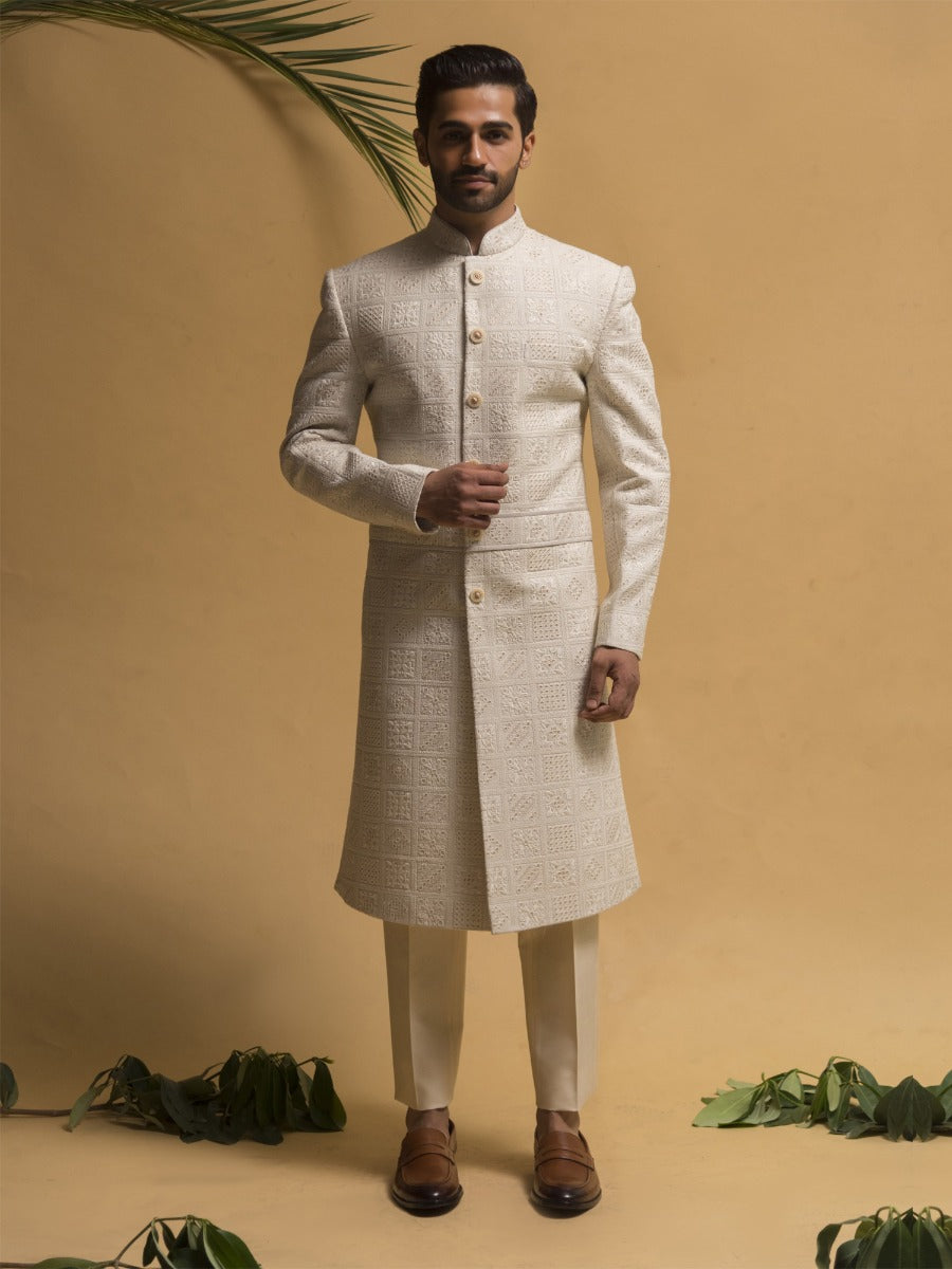 White Mens Readymade Sherwani In Sequins Work