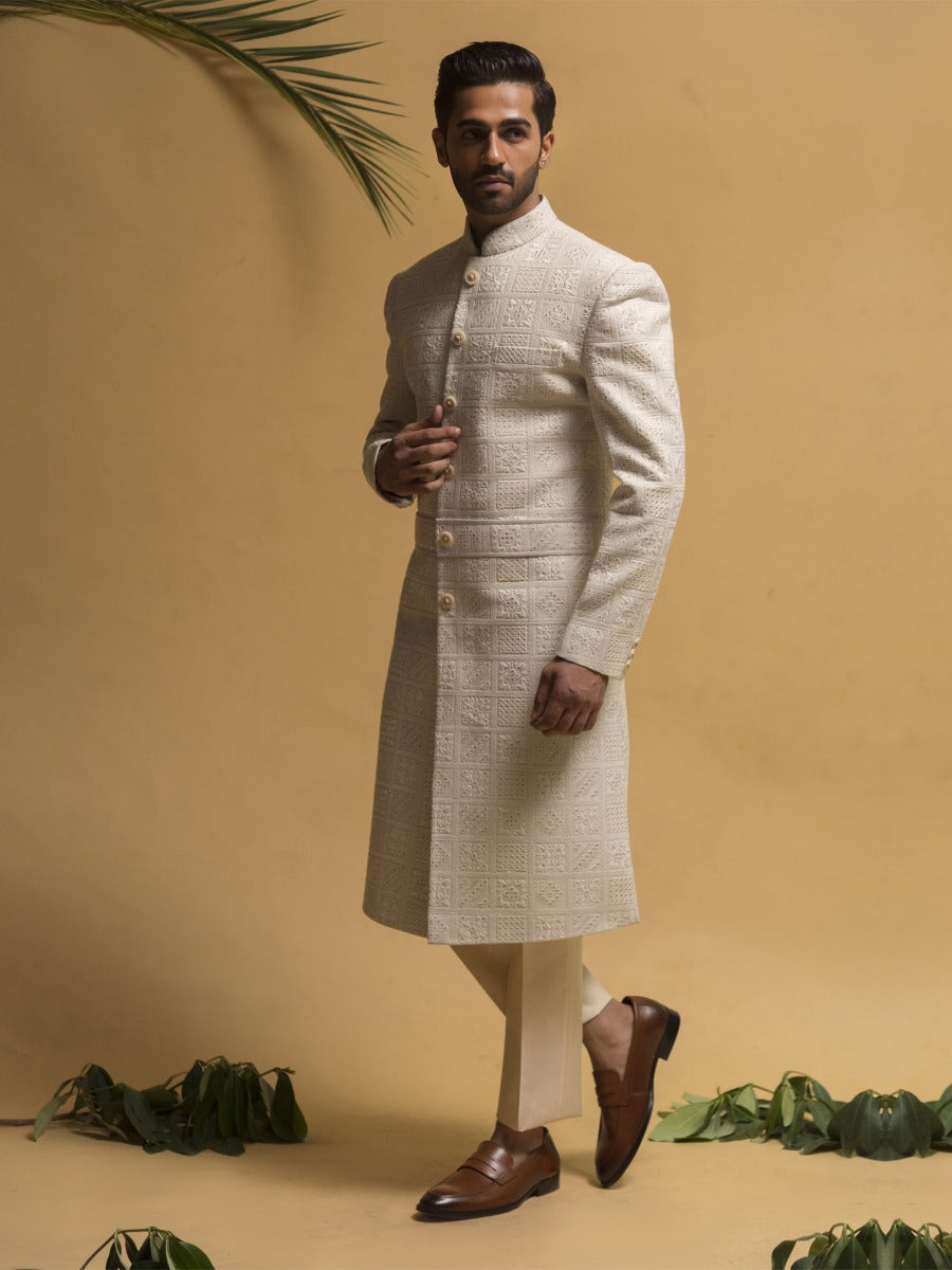 White Mens Readymade Sherwani In Sequins Work