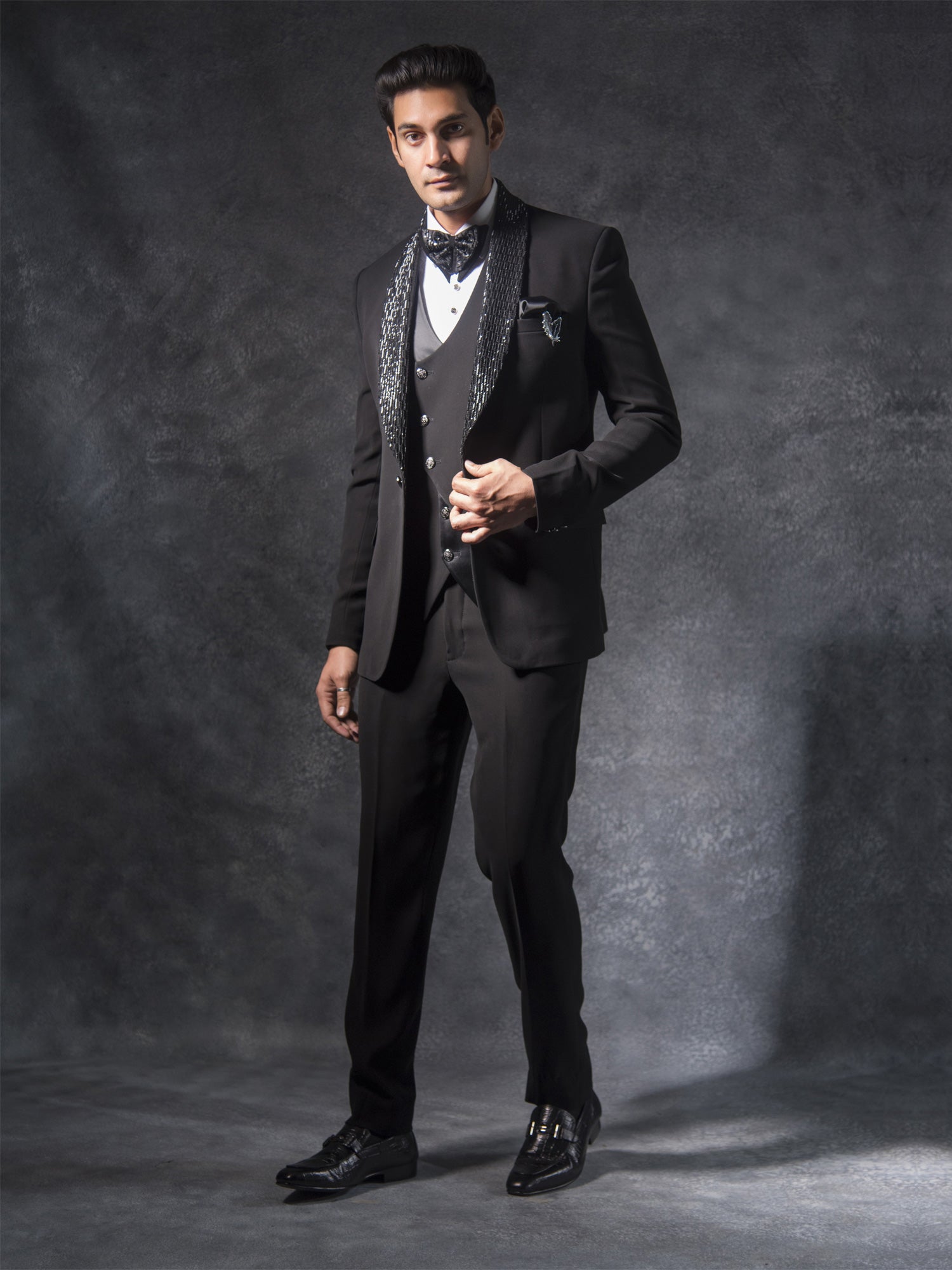 Black Cutdana Lapel Tuxedo Suit In Imported Fabric