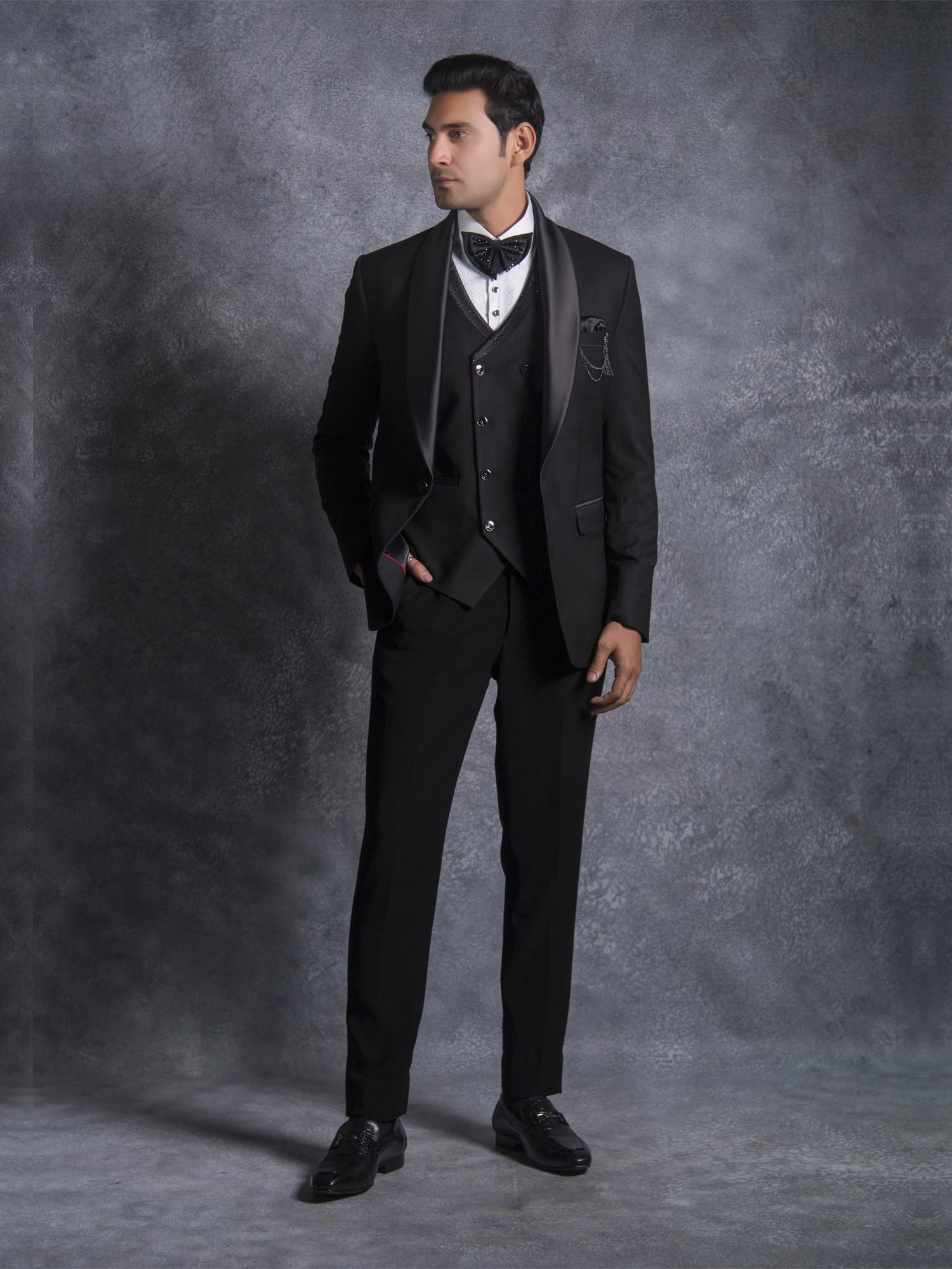 Black Cocktail Three Piece Suit For Mens In Terry Rayon