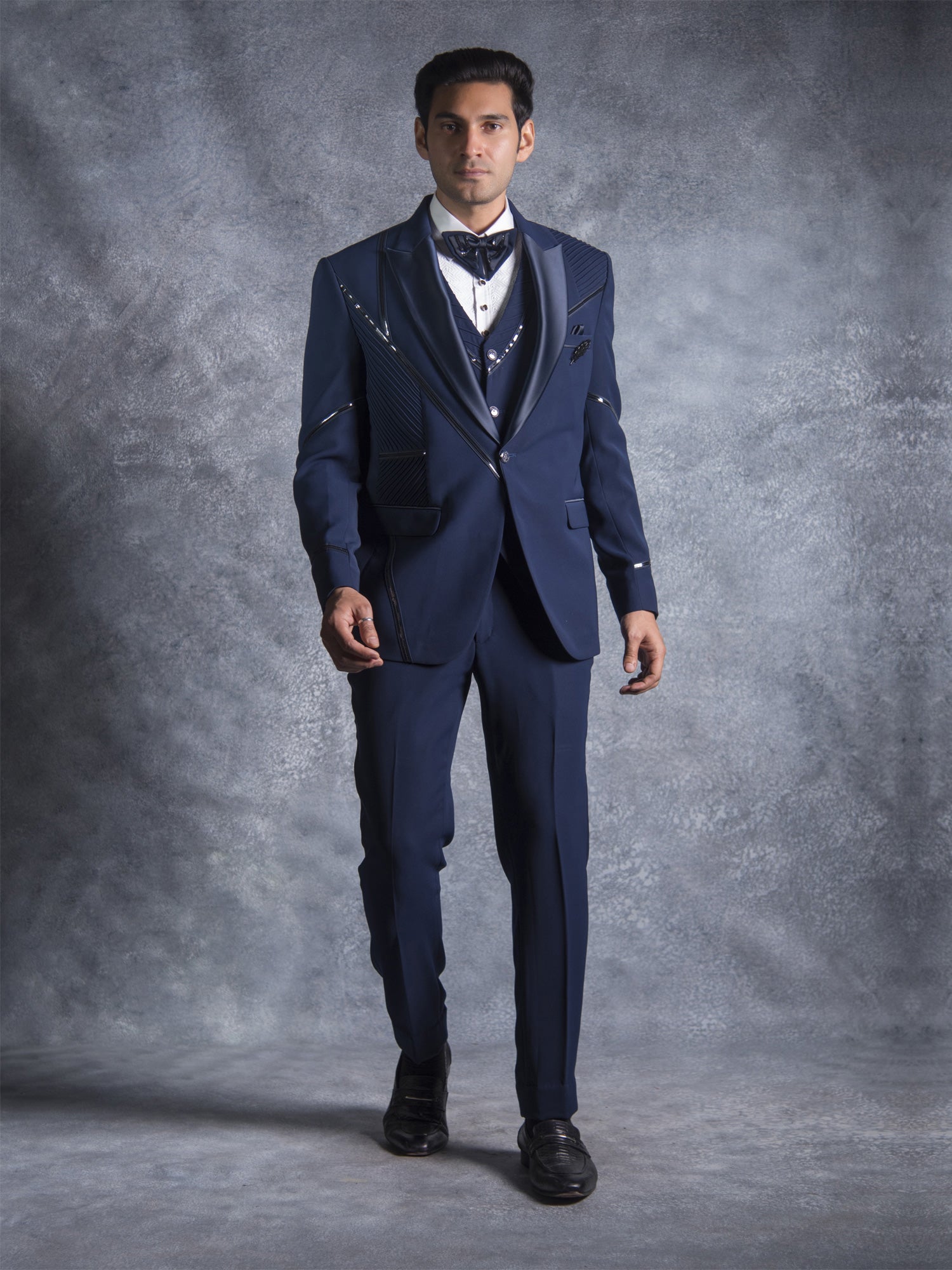 Dark Blue Tuxedo Suit Augmented With Metalic Strip