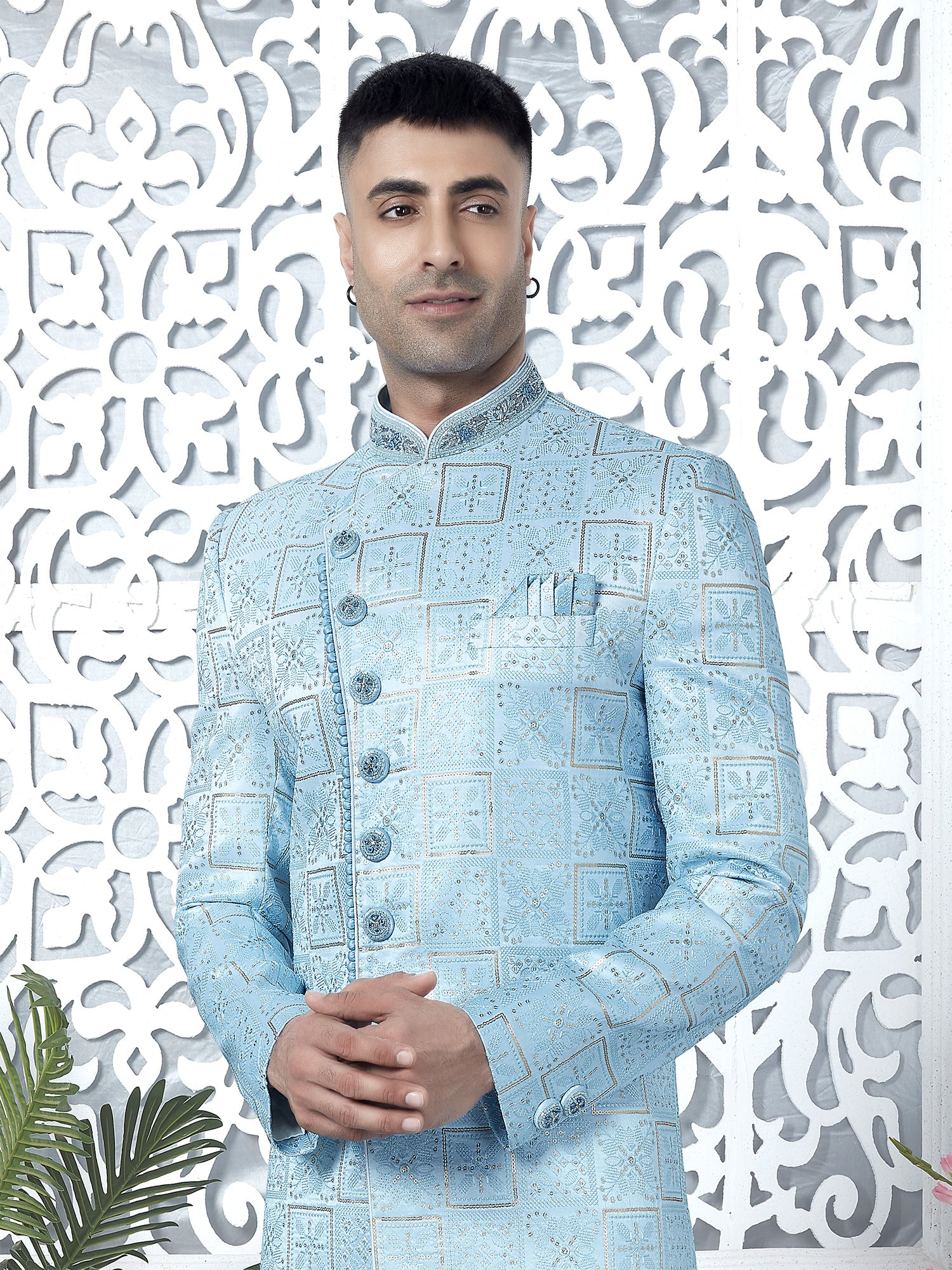 Light Turquoise Asymmetric Pattern Mens Indowestern