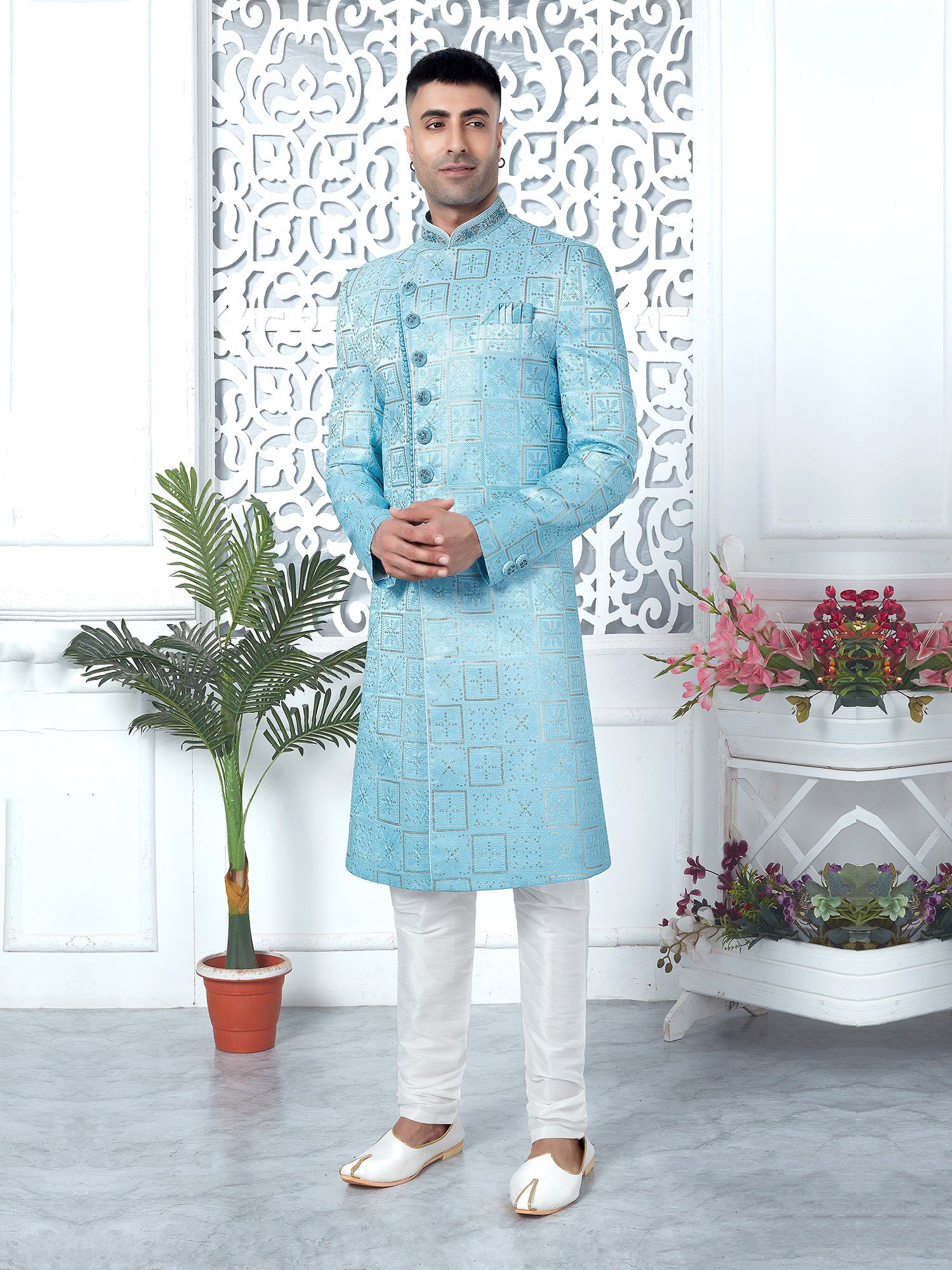 Light Turquoise Asymmetric Pattern Mens Indowestern