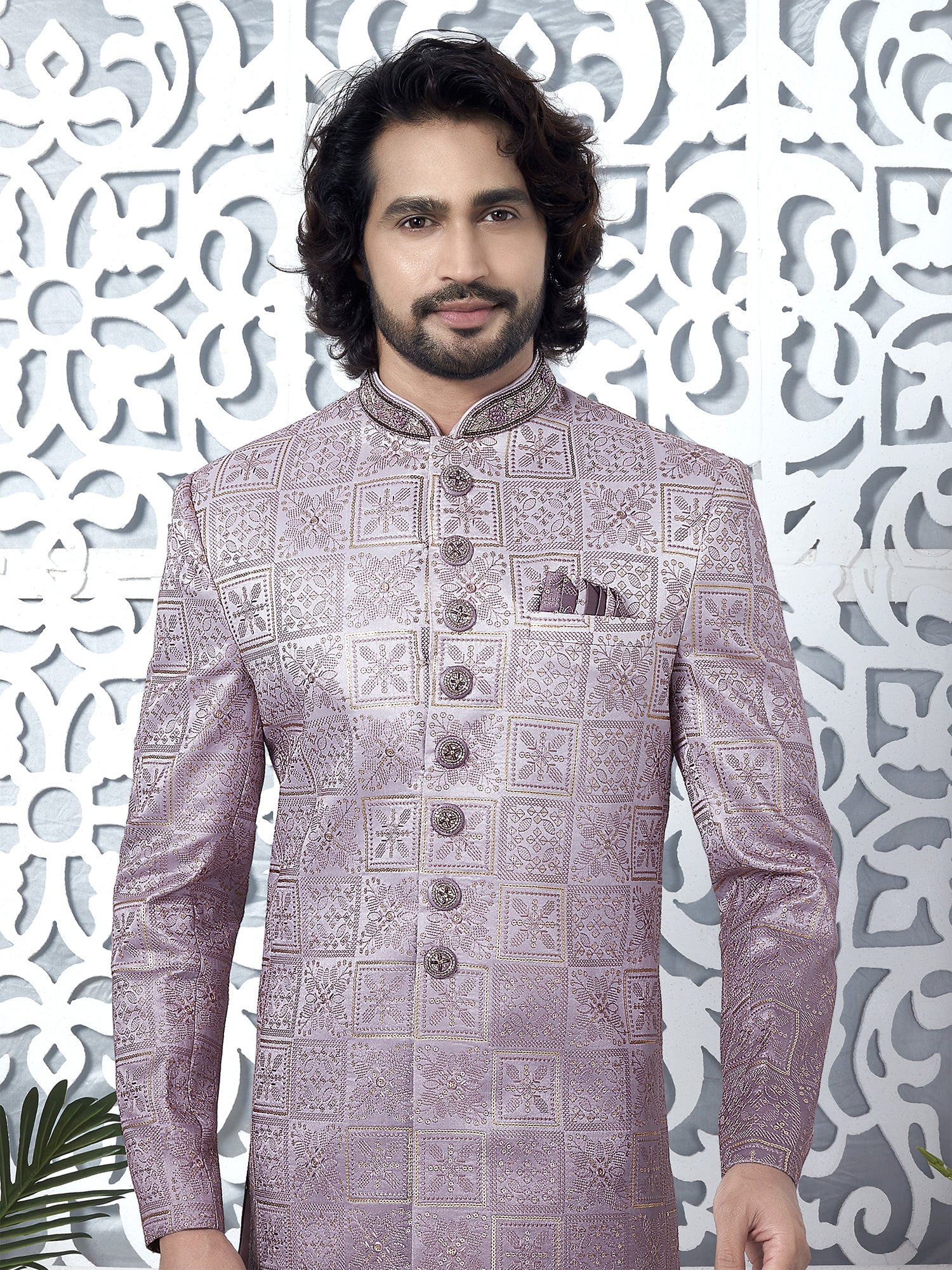 Mauve Shaded Pattern Mens Embroidered Indowestern
