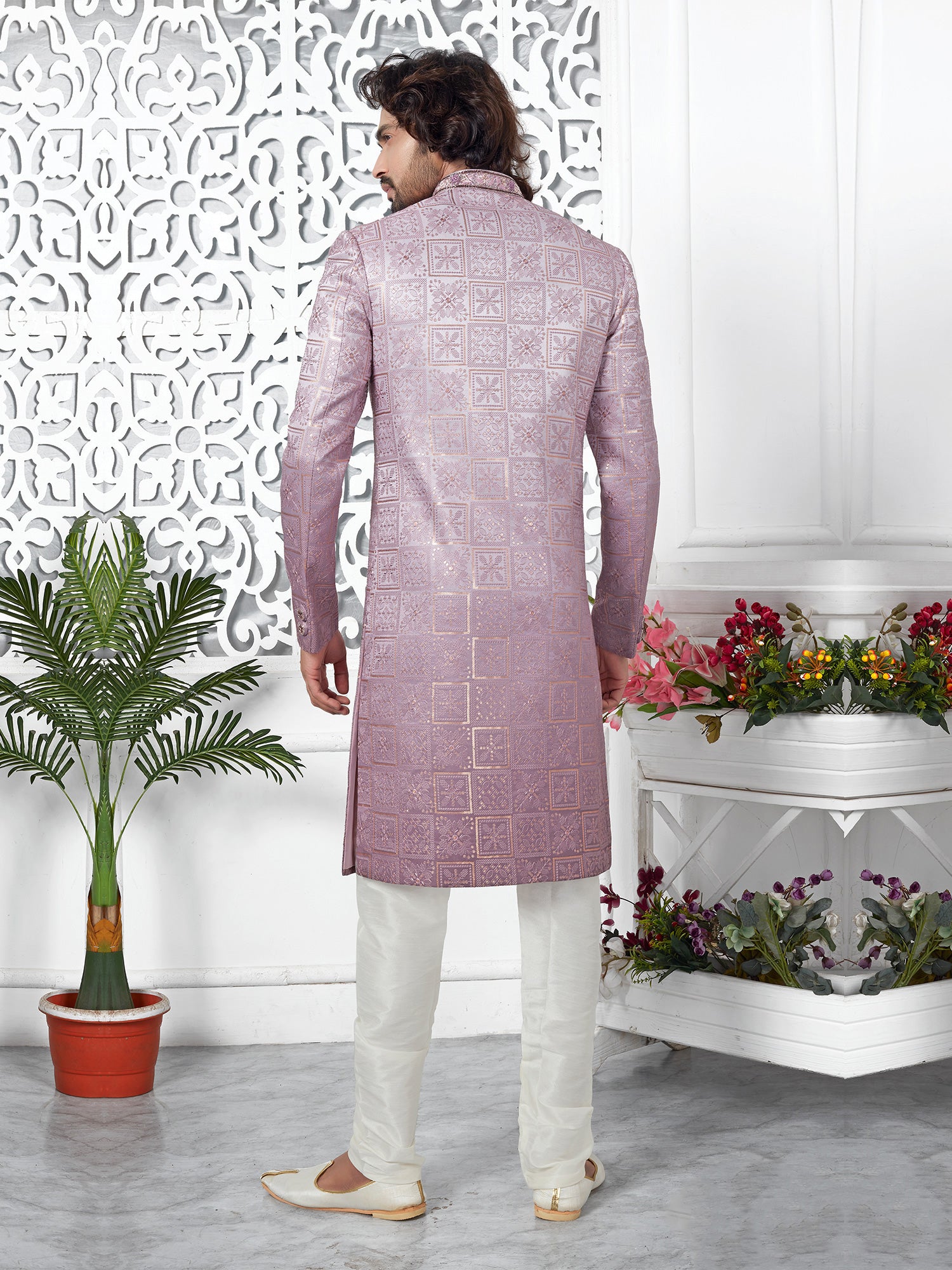 Mauve Shaded Pattern Mens Embroidered Indowestern