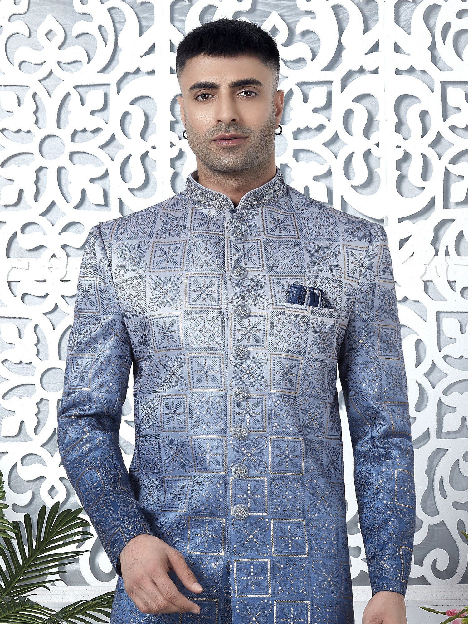 Dark Blue Shaded Embroidered Indowestern Set For Mens In Silk