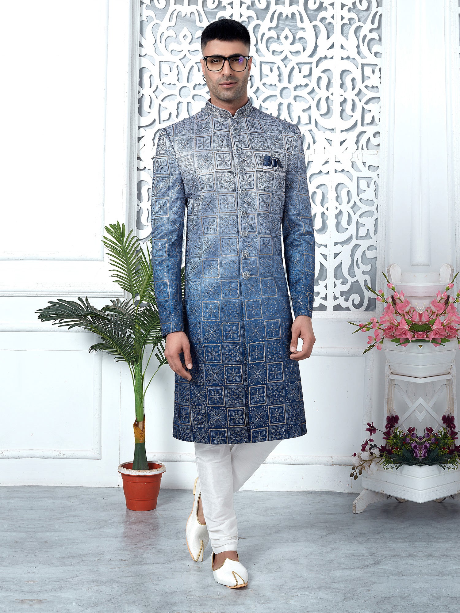 Dark Blue Shaded Embroidered Indowestern Set For Mens In Silk