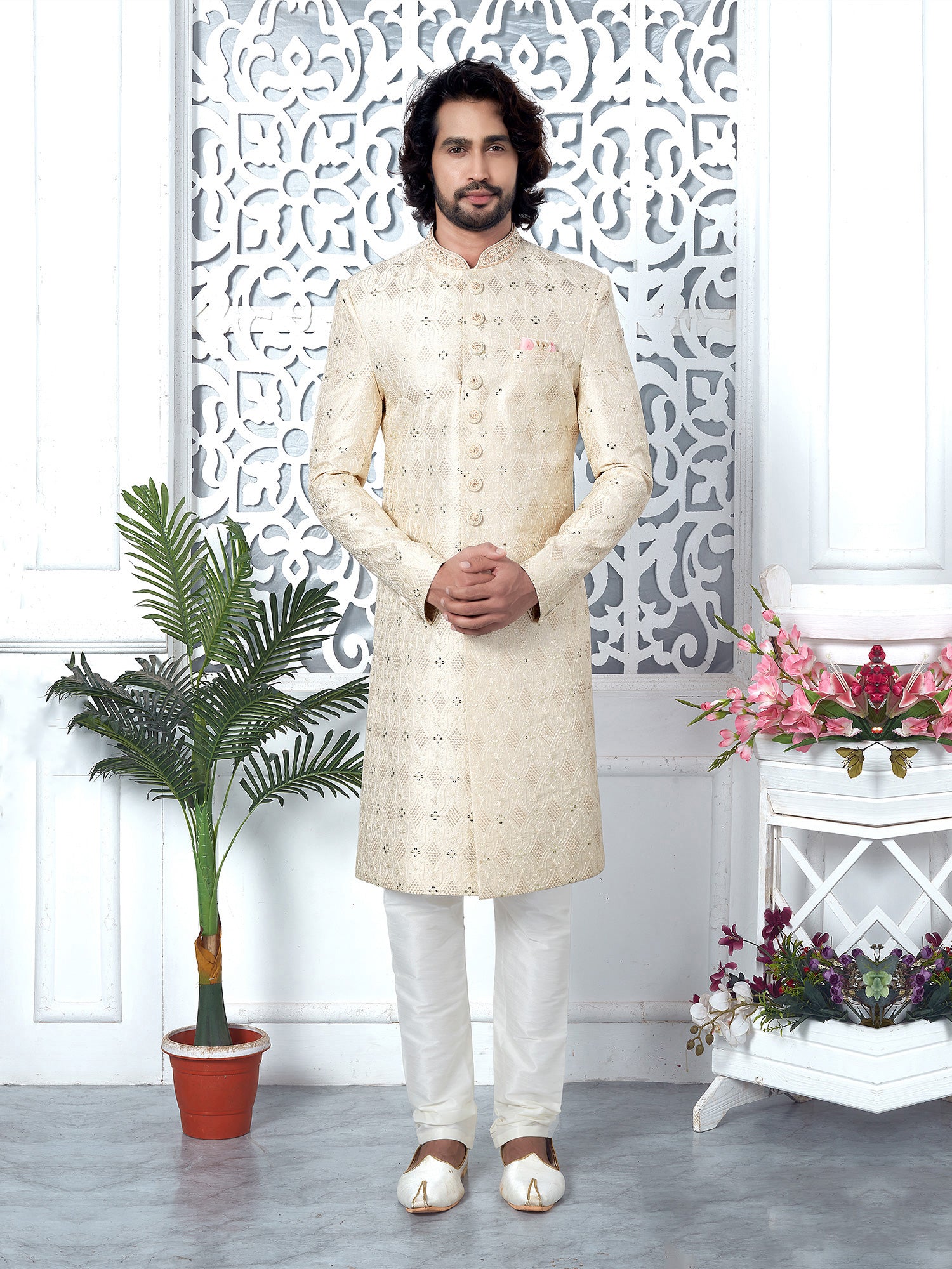 Pastel Cream Mens Indowestern Set In Silk Embroidery