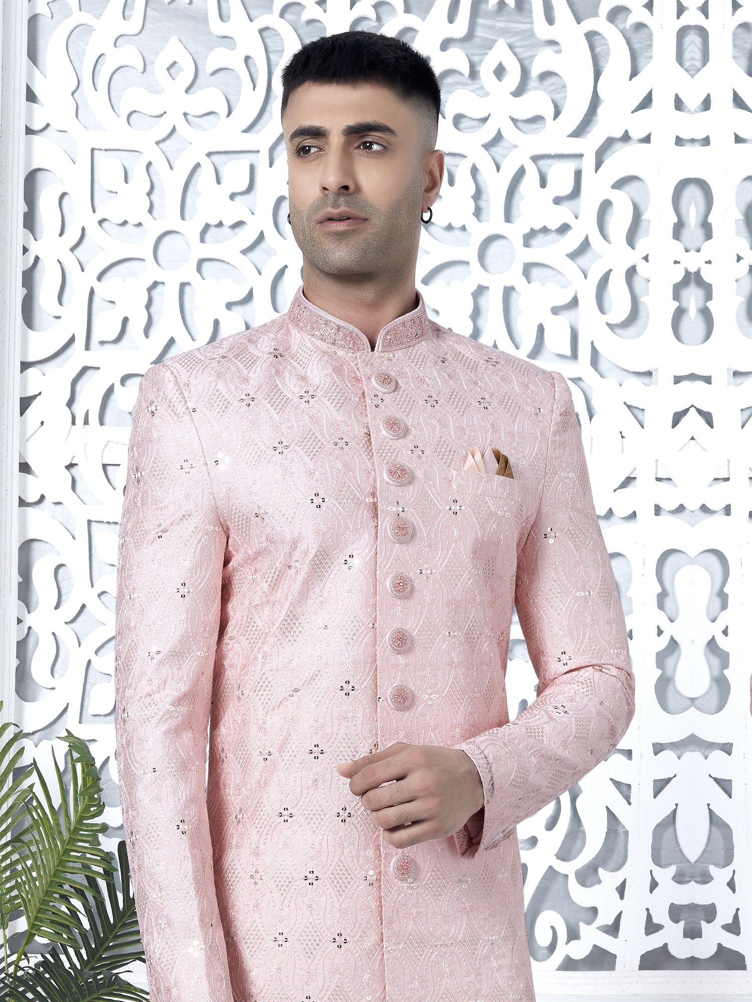 Baby Pink Thread Work Embellished Mens Indowestern Set
