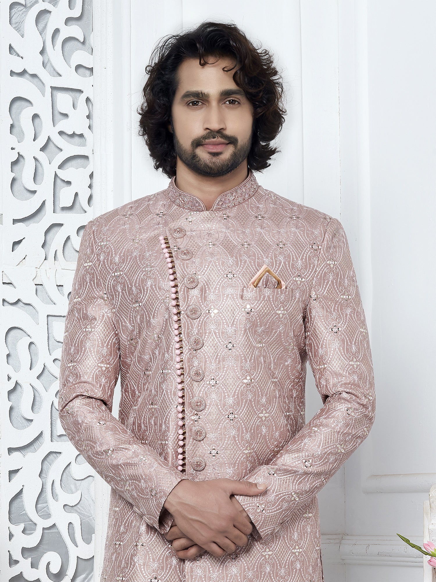 Mauve Pink Mens Indowestern In Asymmetric Pattern