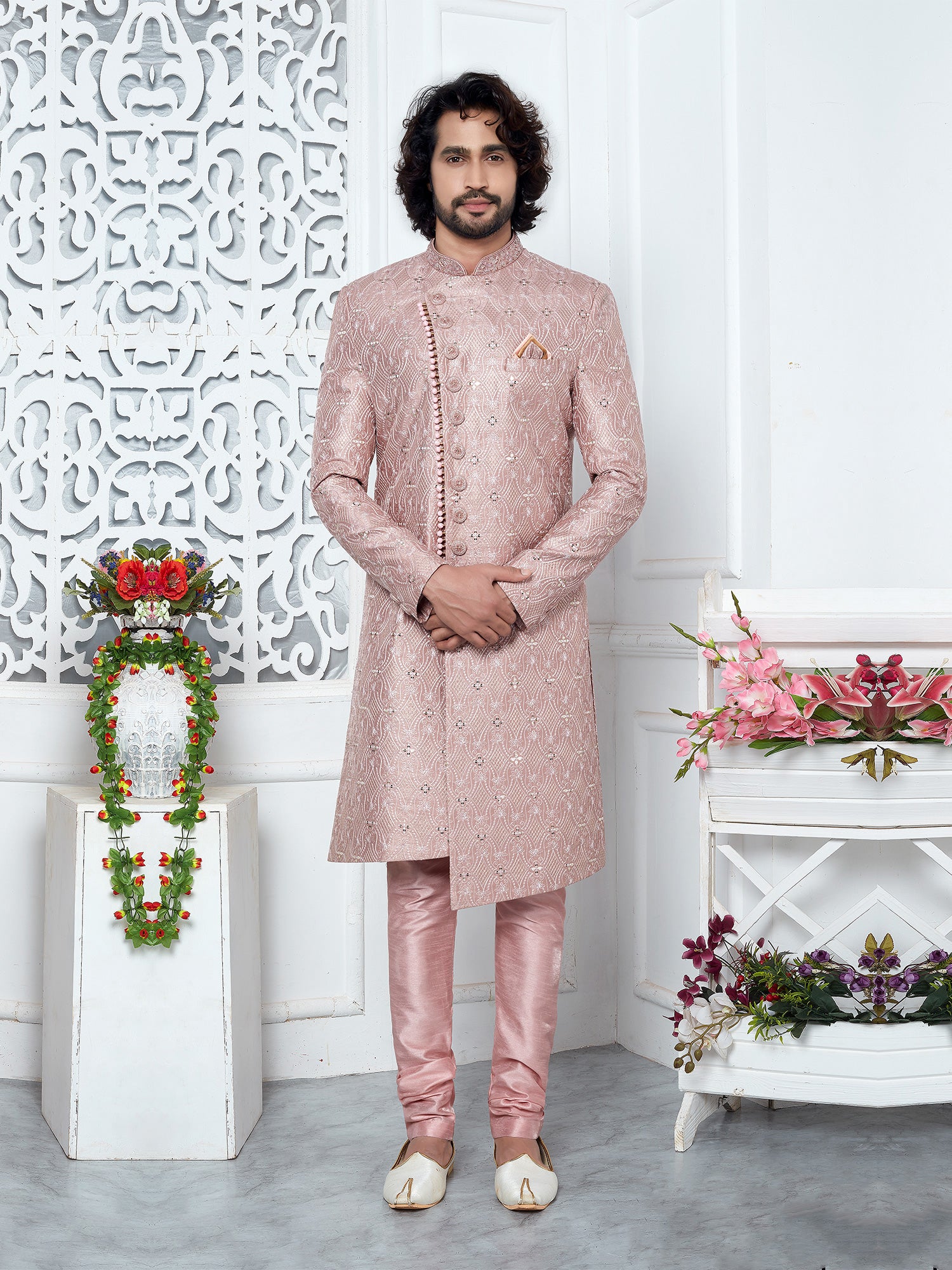 Mauve Pink Mens Indowestern In Asymmetric Pattern