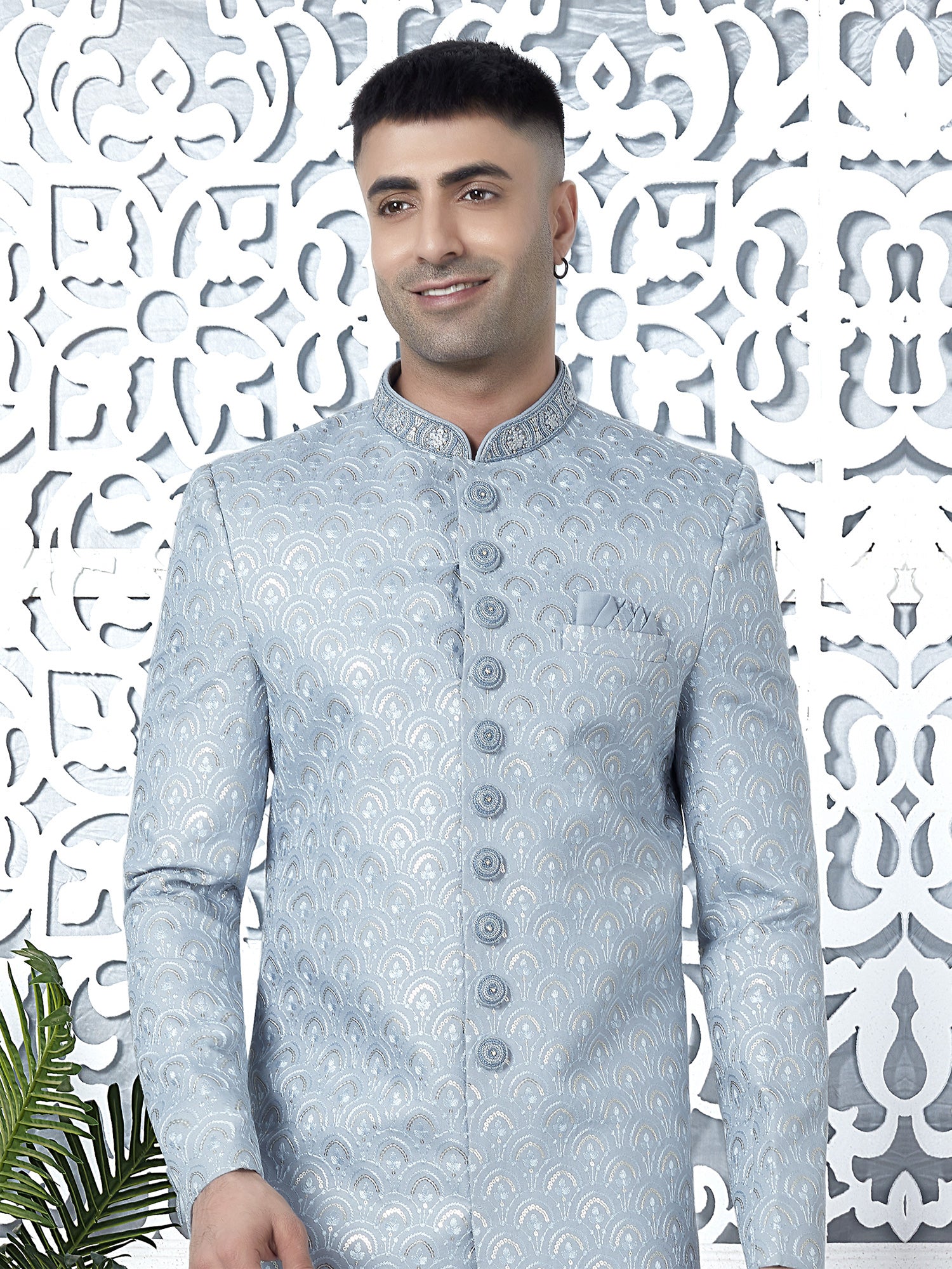 Light Blue Embroidered Mens Indowestern Set In Silk